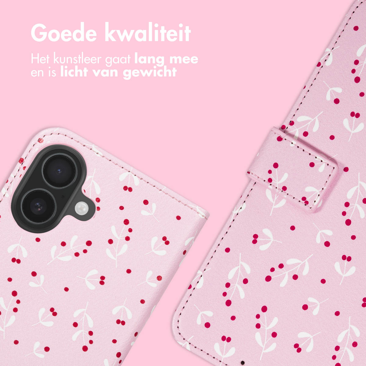 Roze telefoonhoesje met wit bloemenpatroon en rode stippen. De hoes is open en toont de camera van de telefoon en een magnetische sluiting.