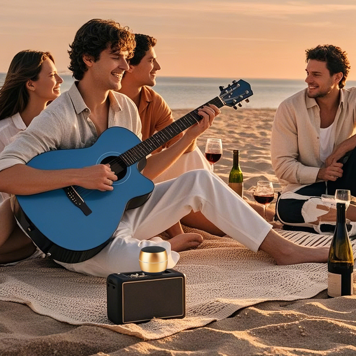 Freundesgruppe am Strand, einer spielt blaue Gitarre. Weinflaschen, Gläser und Lautsprecher auf Decke. Sonnenuntergang im Hintergrund.