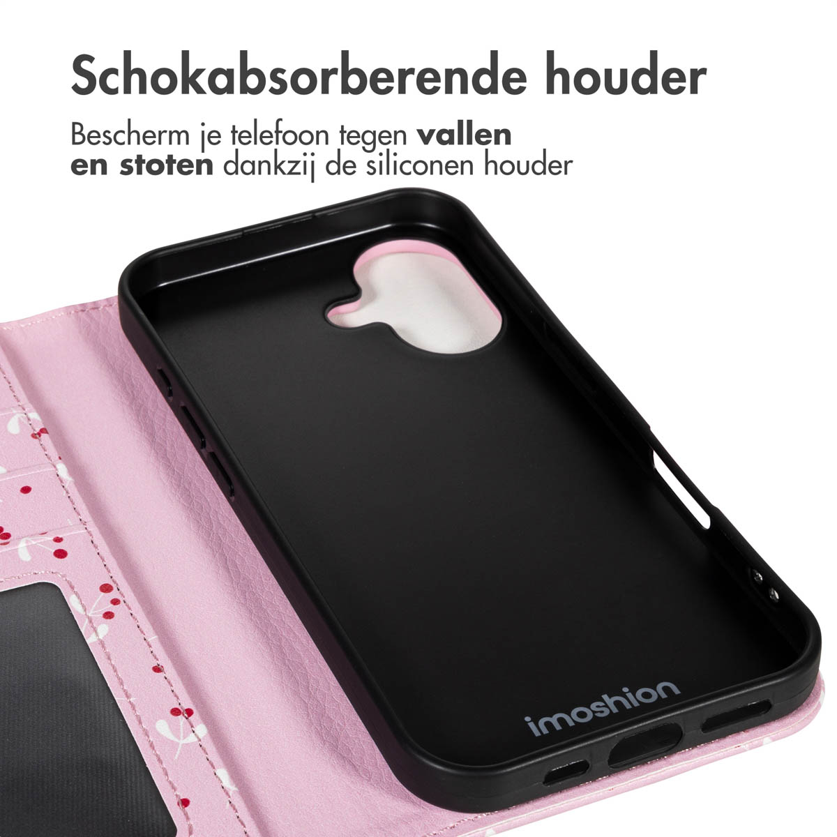 Zwarte telefoonhoes met roze binnenkant, open. Tekst: 'Schokabsorberende houder'. Hoes ligt op roze bloemenachtergrond.