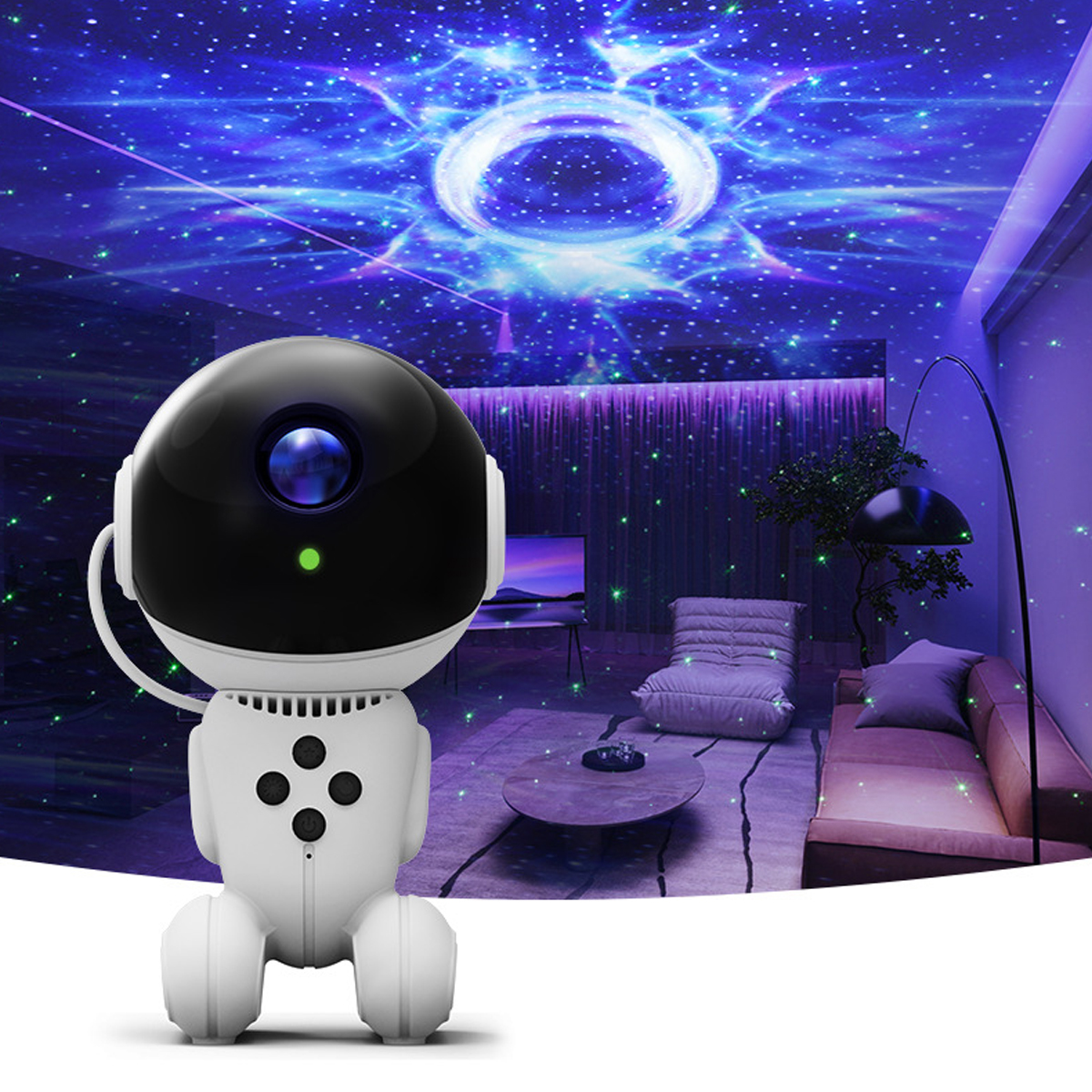 Ein Roboterprojektor in einem Raum mit Sternenhimmelprojektion. Couch, Pflanze und Couchtisch sind sichtbar.