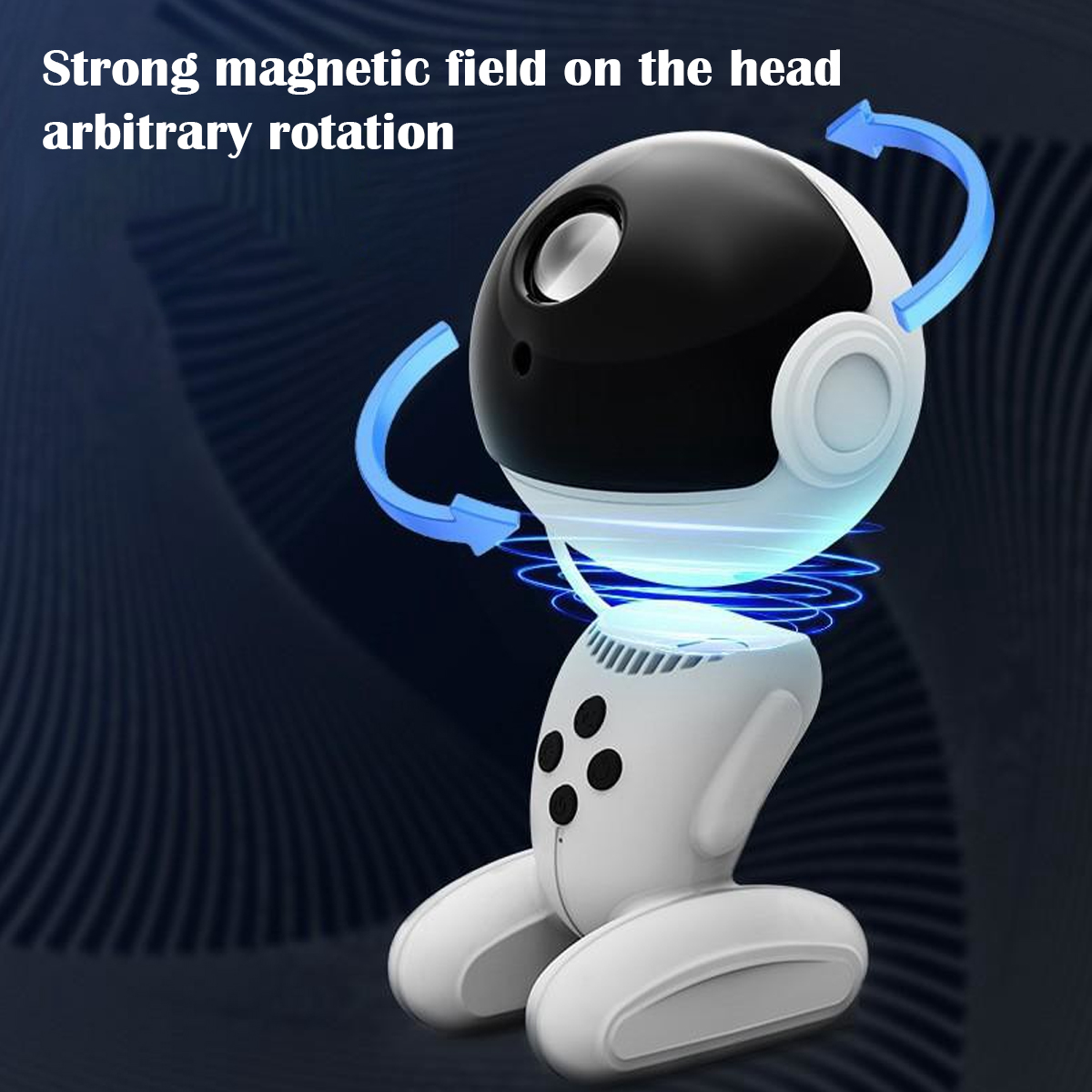 Weißer Roboter mit schwarzem Kopf. Blaue Pfeile zeigen die Drehung an. Text: Starkes Magnetfeld am Kopf, willkürliche Drehung.