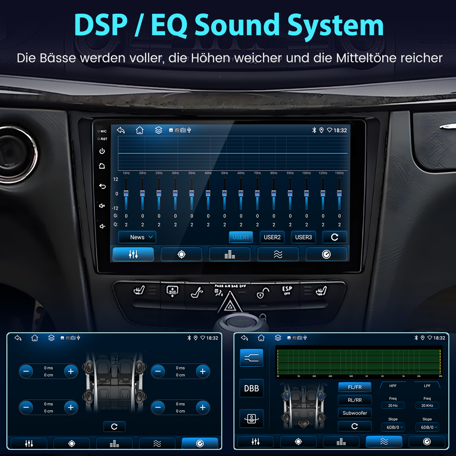 Auto-Audiosystem-Bildschirm mit Equalizer-Einstellungen und Lautsprecherkonfiguration, blaue und schwarze Oberfläche.