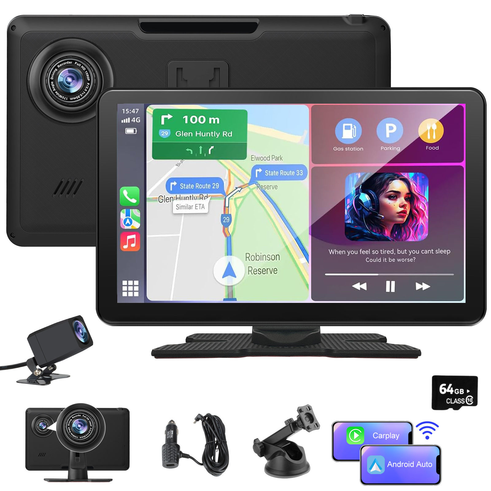 Kamera samochodowa z GPS, nawigacją i sterowaniem muzyką. Zawiera akcesoria, takie jak ładowarka i uchwyt na telefon.