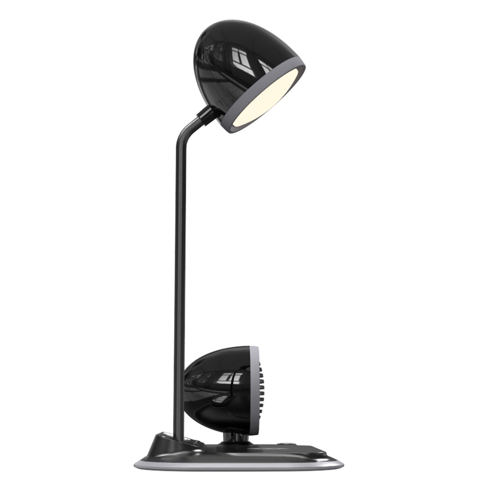 Eine schwarze Schreibtischlampe mit gebogenem Arm und zwei abgerundeten Lampenköpfen. Der Sockel ist silberfarben, der Hintergrund ist weiß.