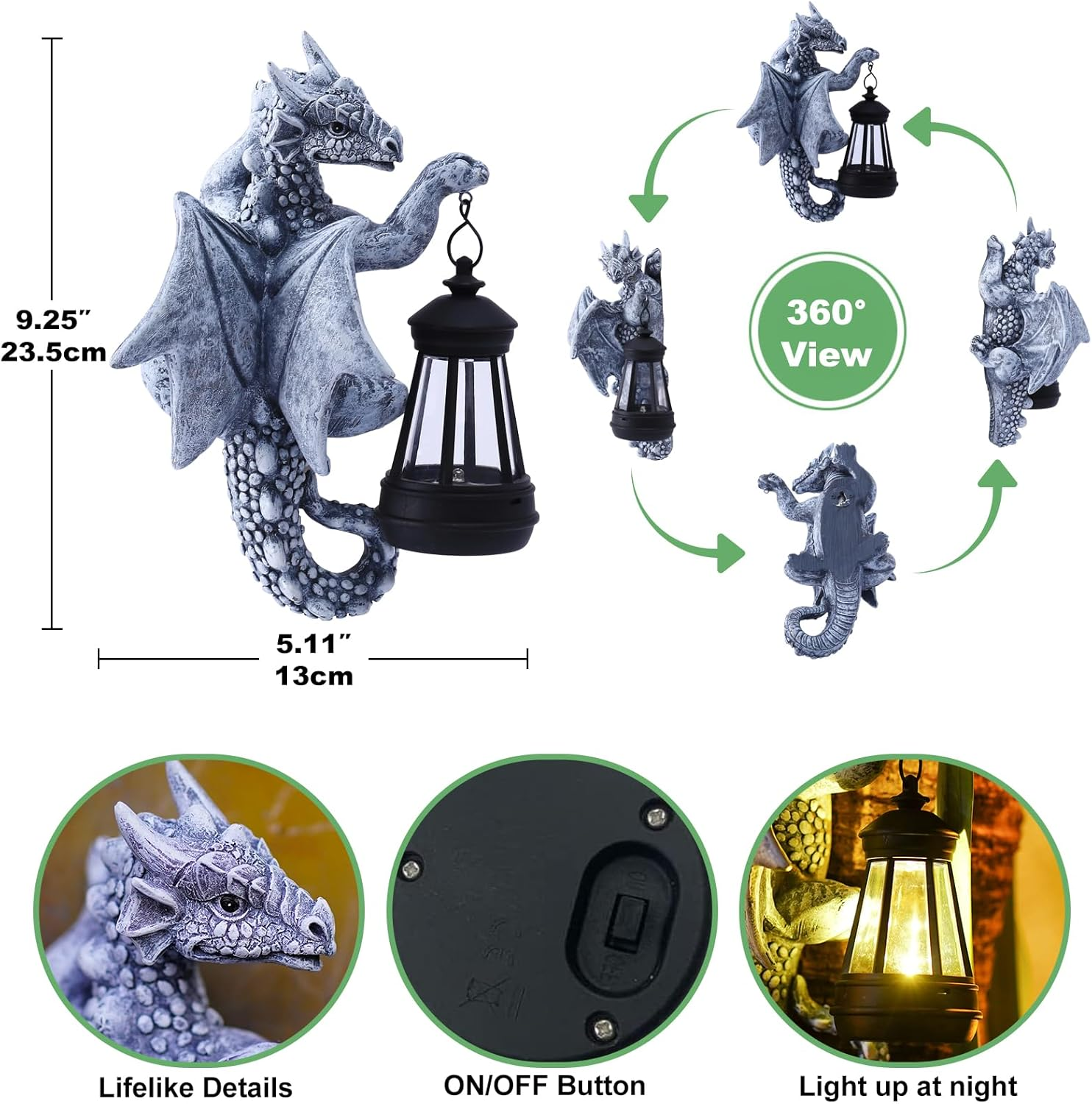 Graue Drachenstatue mit schwarzer Laterne. Details: naturgetreue Merkmale, Ein-/Aus-Taste, Nachtlichtfunktion.