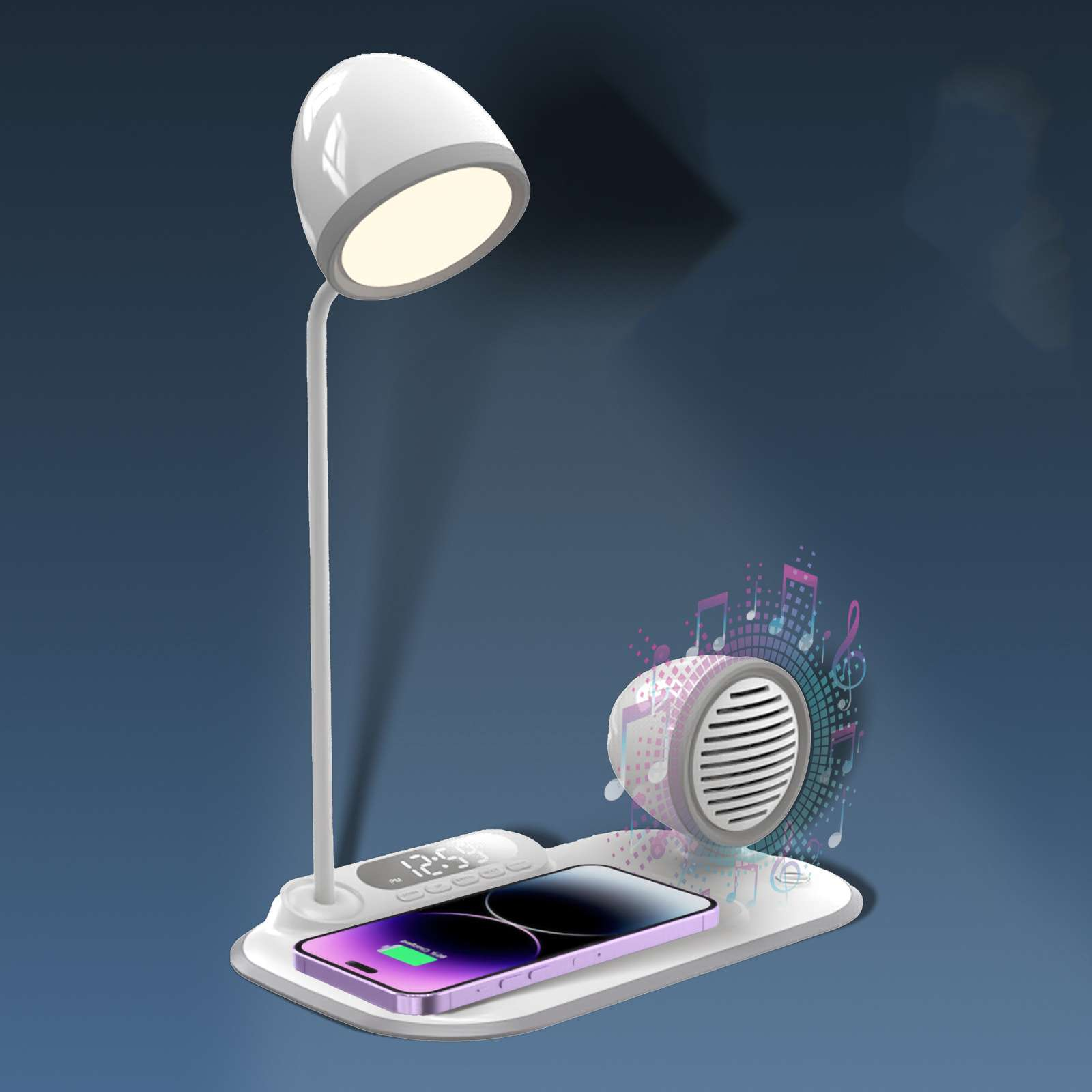 Eine weiße Schreibtischlampe mit Ladefläche und Lautsprecher, ein Ladendes Telefon und ein blauer Hintergrund.