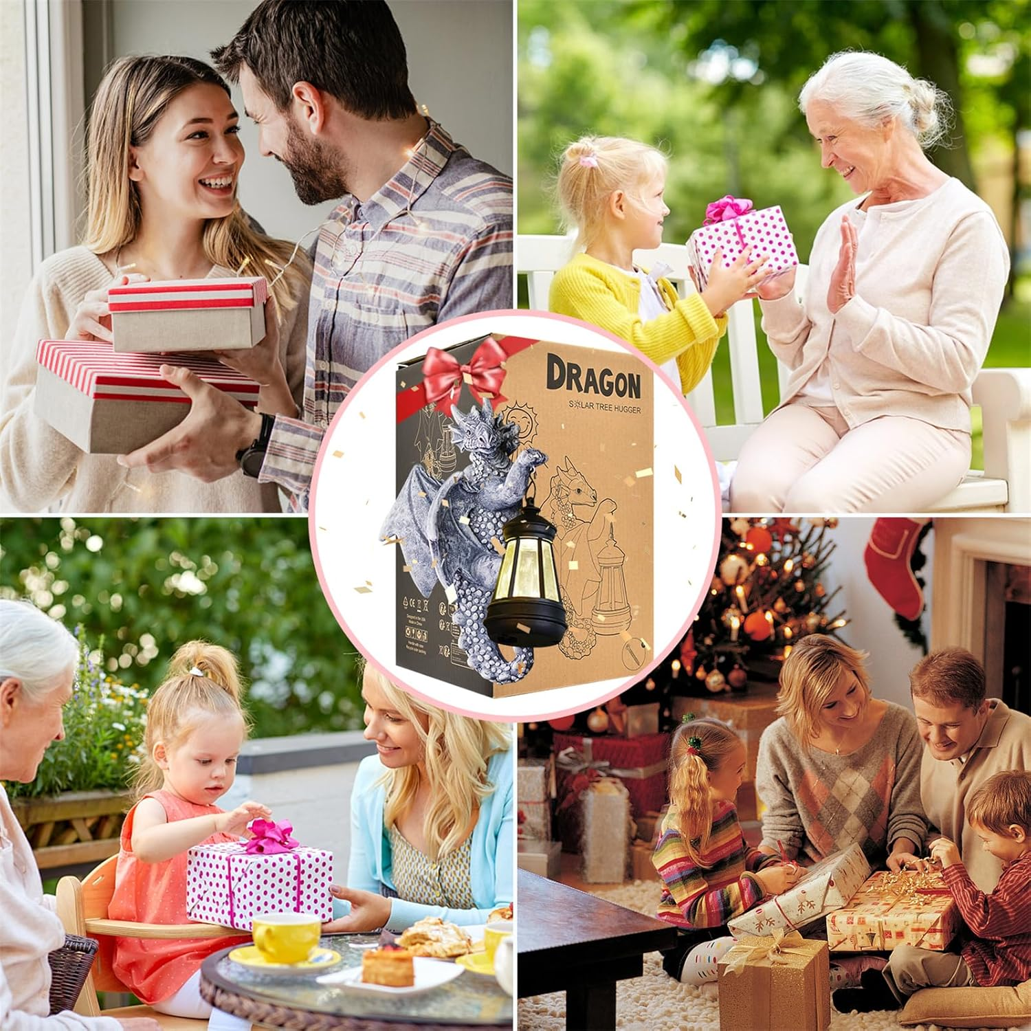 Eine Collage von Geschenkübergabeszenen. In der Mitte befindet sich eine Drachenlaterne. Menschen tauschen Geschenke aus, mit glücklichen Ausdrücken.