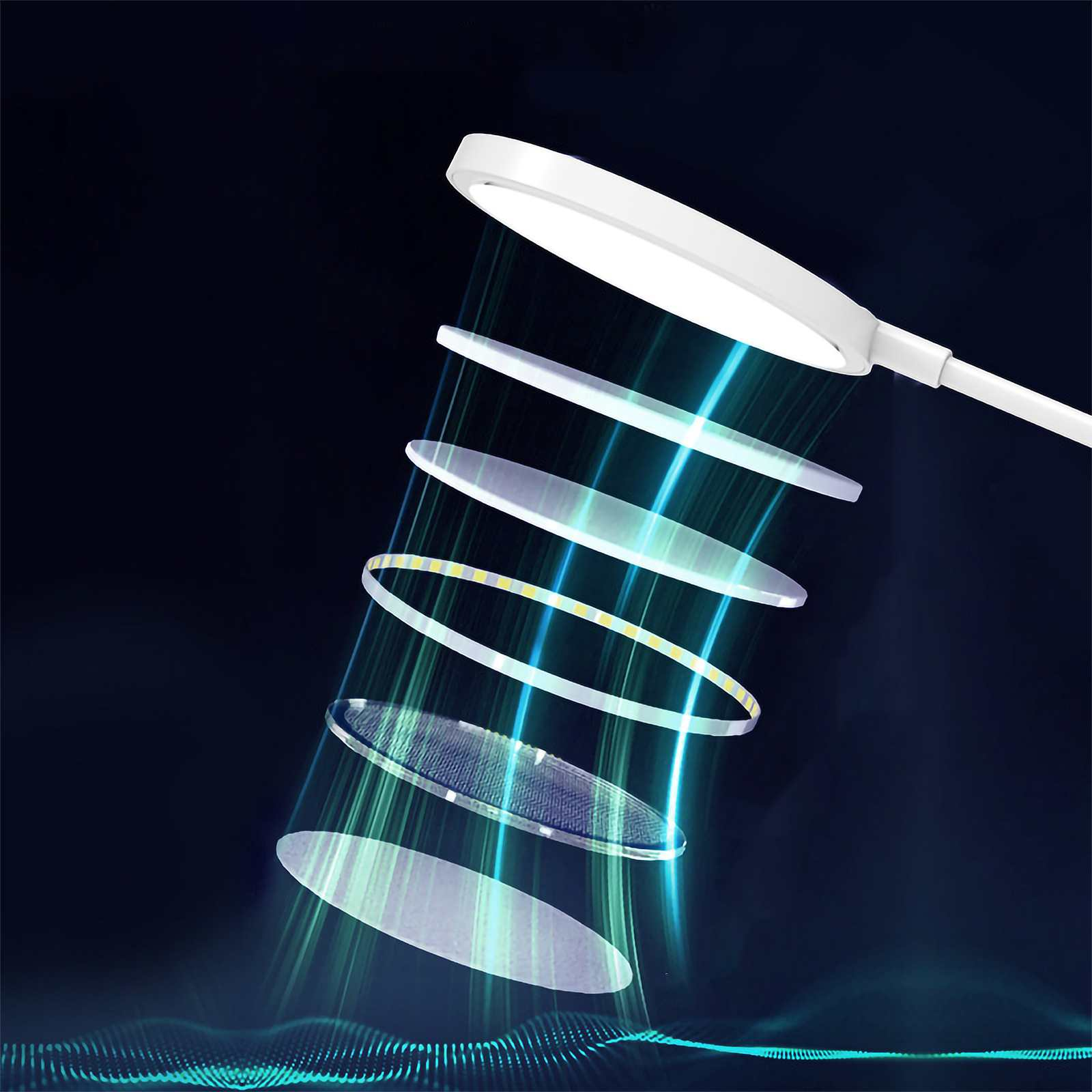 Zerlegte weiße LED-Lampe. Schichten zeigen die Komponenten. Blaues und grünes Licht geht von der Lampe aus, vor einem dunkelblauen Hintergrund.