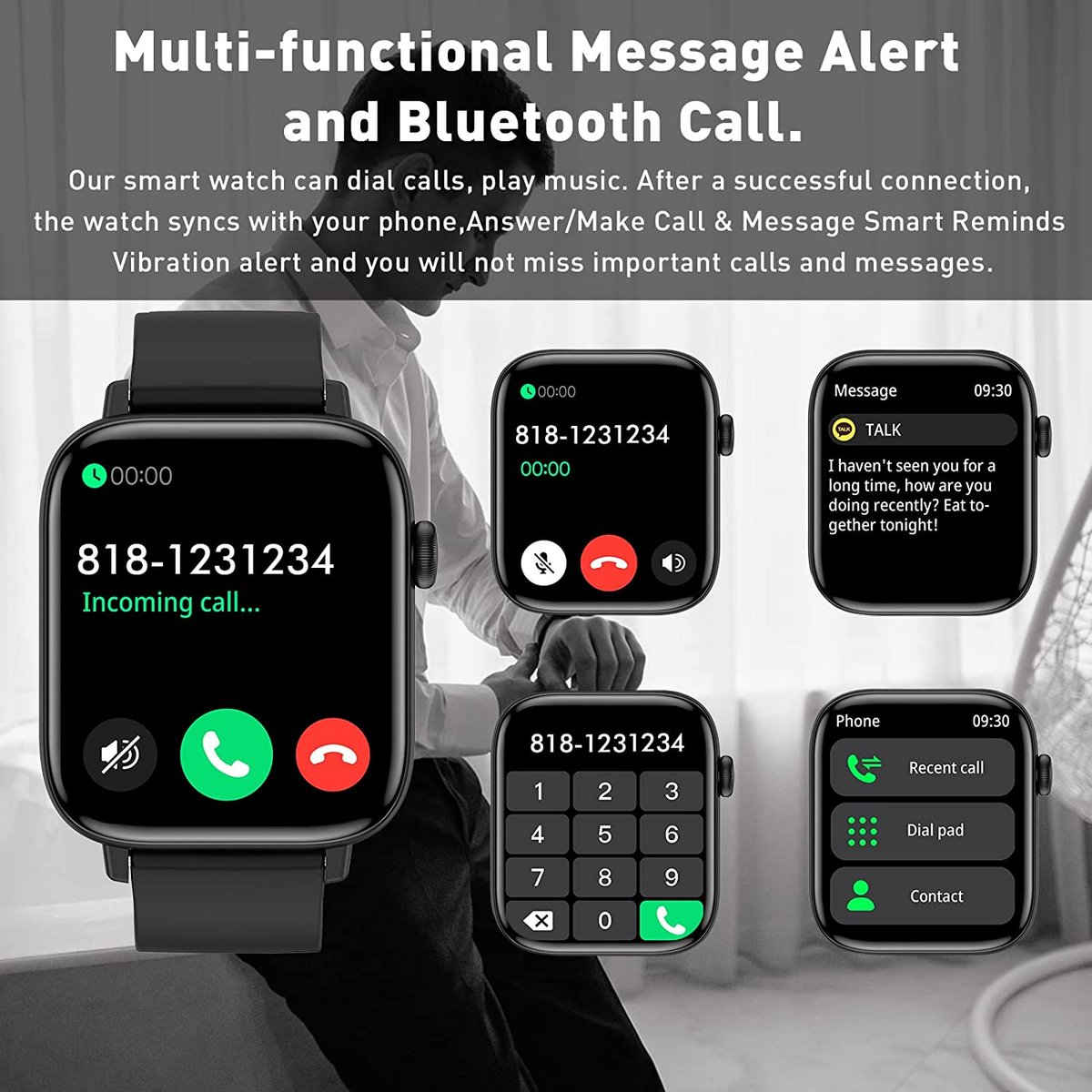 Smartwatch wyświetla powiadomienia o połączeniach i wiadomościach. Pokazuje połączenie przychodzące z przyciskami do odebrania lub odrzucenia oraz klawiaturą numeryczną.