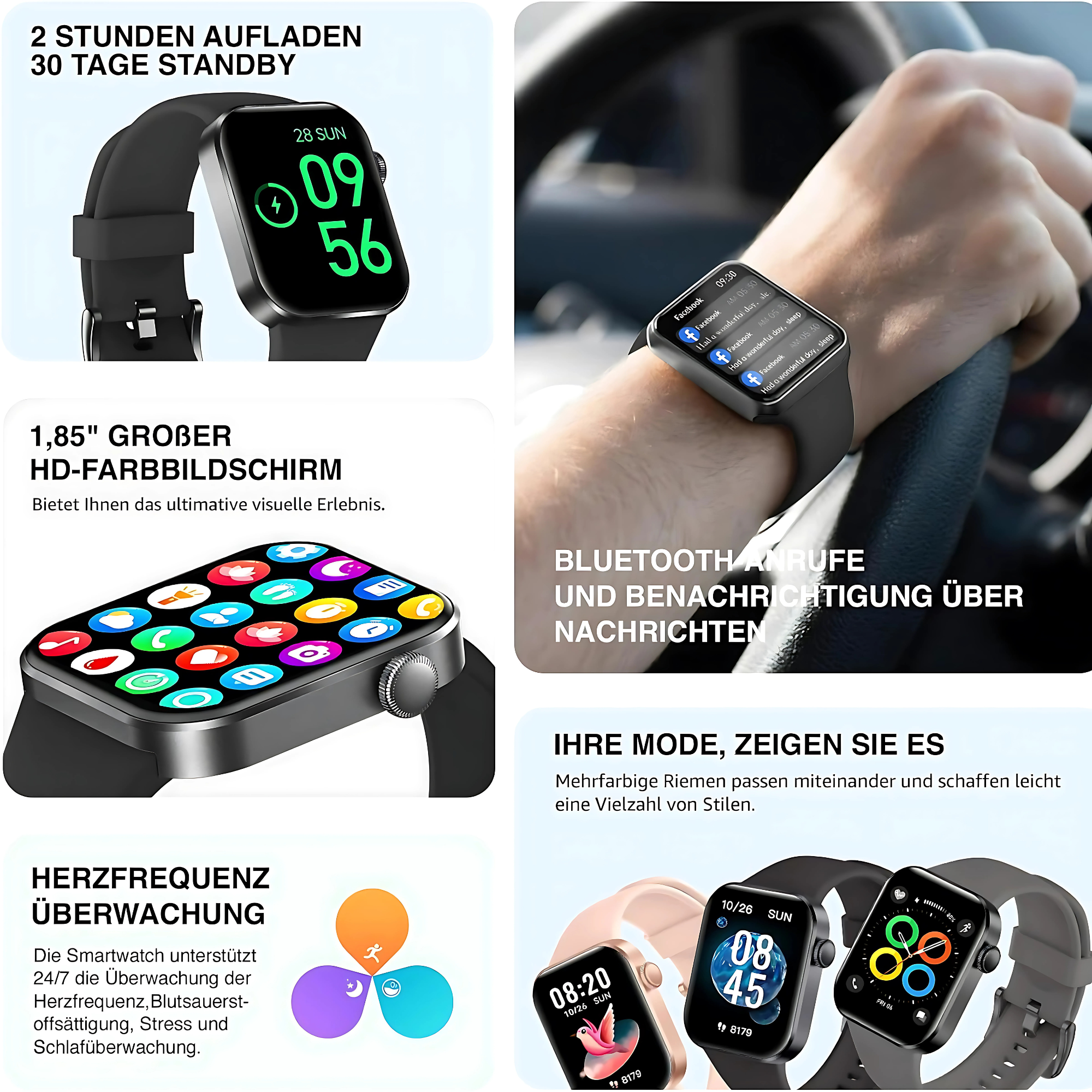 Smartwatch prezentujący funkcje: czas, powiadomienia, monitorowanie tętna i różne style pasków.