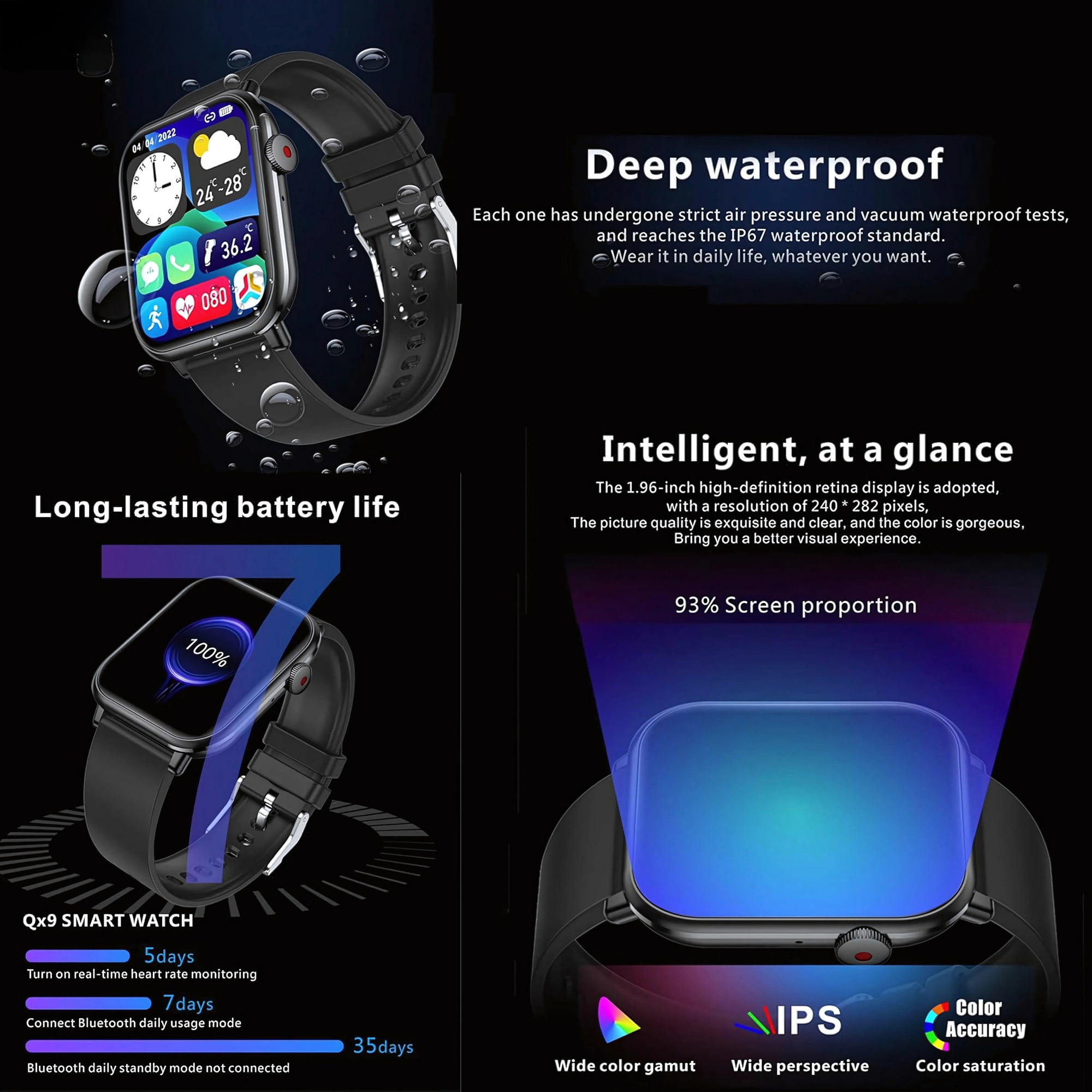 Schwarze Smartwatch mit digitaler Anzeige von Zeit, Wetter und Gesundheitsmetriken. Text hebt Funktionen wie Akkulaufzeit und Wasserdichtigkeit hervor.