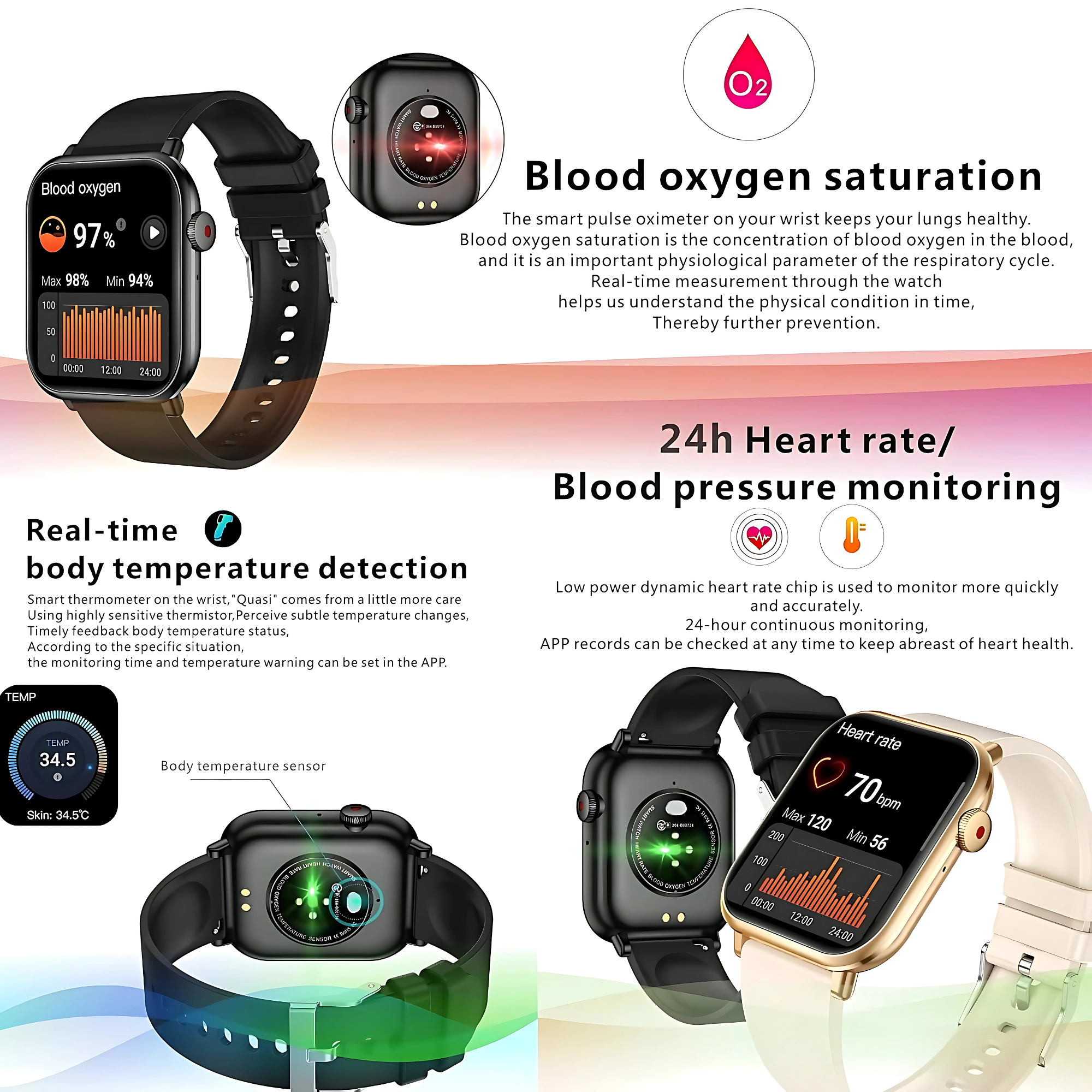 Smartwatche pokazujące wskaźniki zdrowotne: natlenienie krwi (97%), tętno (70 bpm) i temperatura ciała (34,5°C).