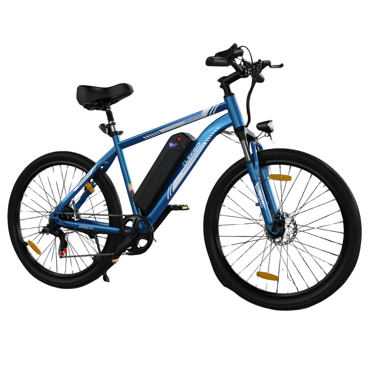 Niebieski rower elektryczny z czarnymi oponami i akumulatorem. Rower ma czarne siodełko i kierownicę. Marka jest widoczna.