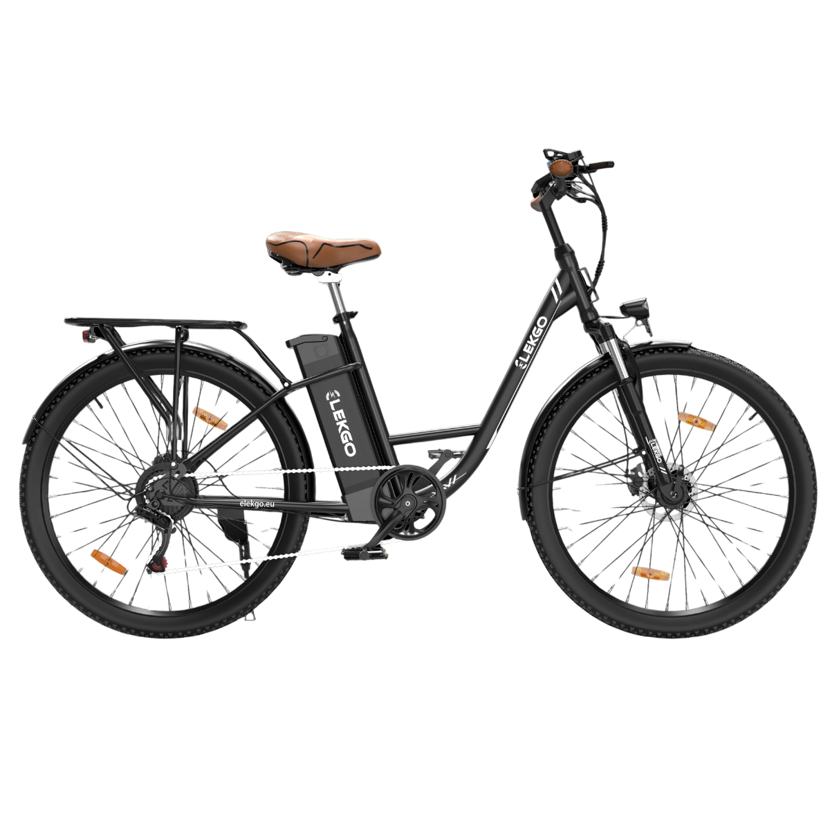 Czarny rower elektryczny Lekgo z brązowym siodełkiem. Ma czarne opony, akumulator i bagażnik.
