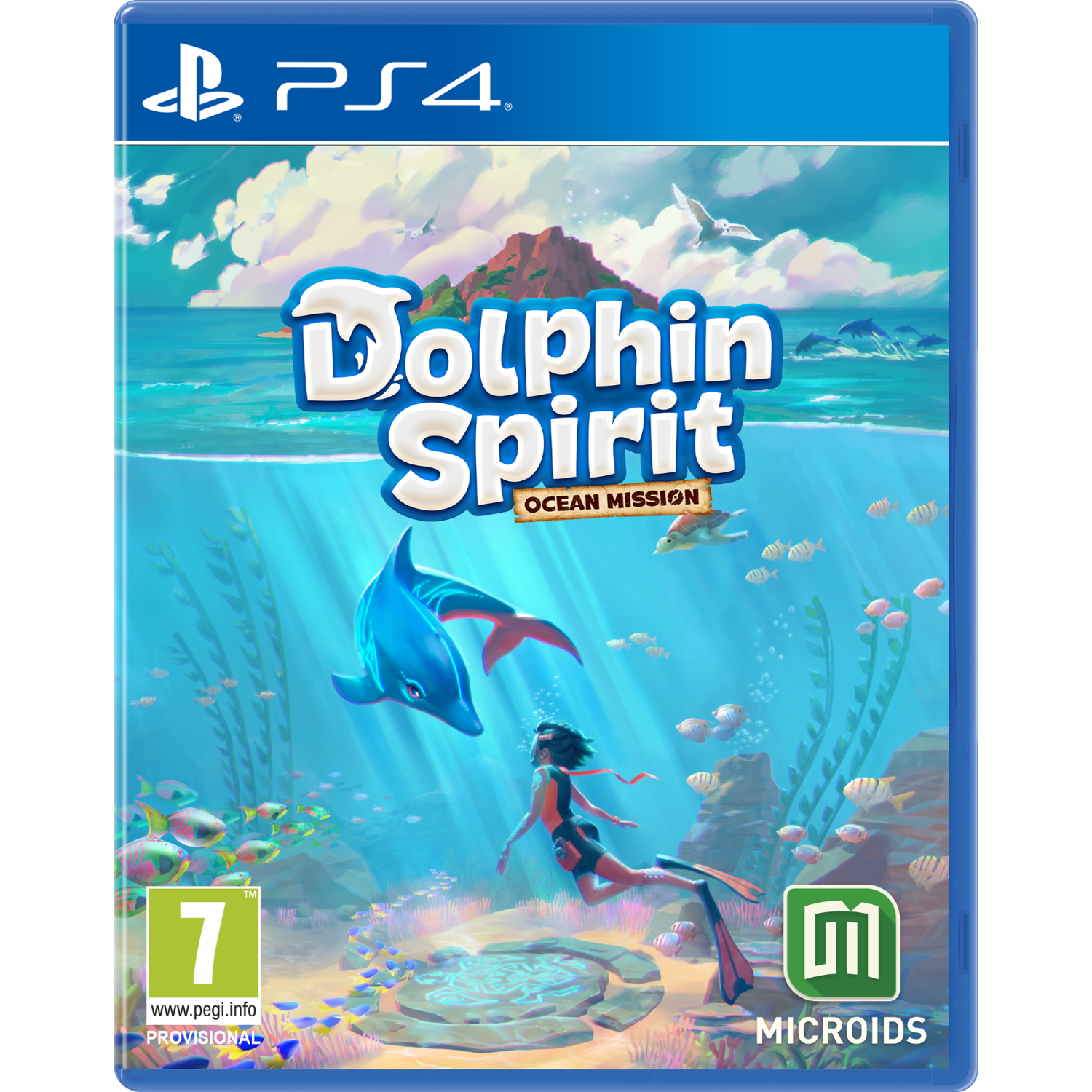 Okładka gry: Dolphin Spirit. Delfin pływa z nurkiem. Ryby i rośliny morskie w tle. Gra jest na PS4.