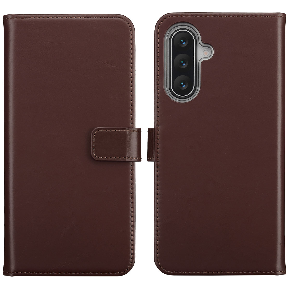 Étui de téléphone en cuir marron, ouvert. Le côté gauche a un rabat avec fermeture magnétique. Le côté droit révèle les caméras du téléphone.