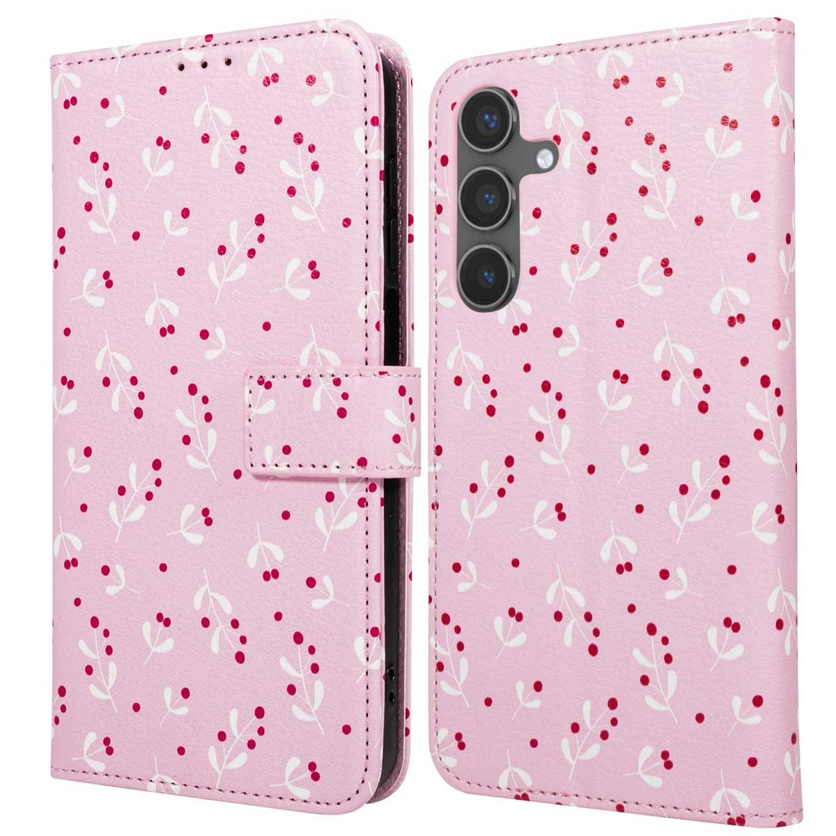 Roze telefoonhoesje met witte bladeren en rode bessenpatroon. Het heeft een flap en is open, onthullend een camera.