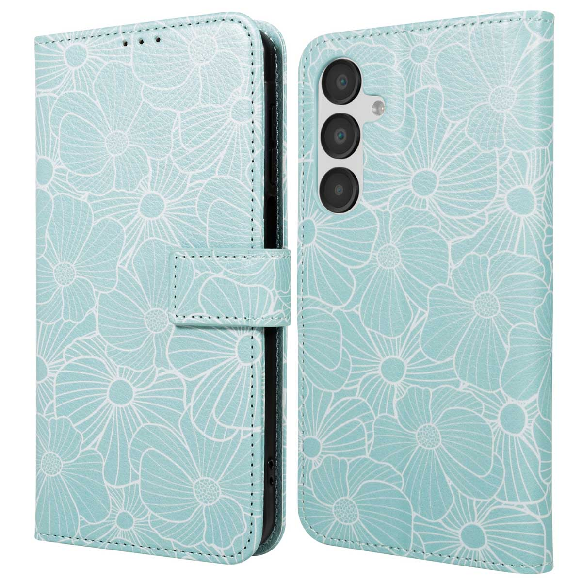 Een lichtblauwe telefoonhoes met een bloemenpatroon. De hoes is open en toont de camera en knoppen van de telefoon.