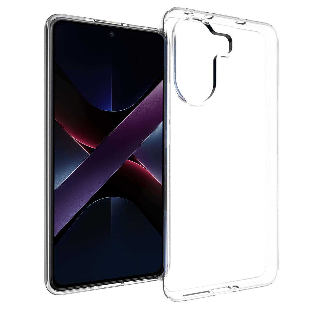 Un smartphone avec une coque transparente. L'écran affiche un fond sombre avec des reflets violets et rouges. La coque est transparente.