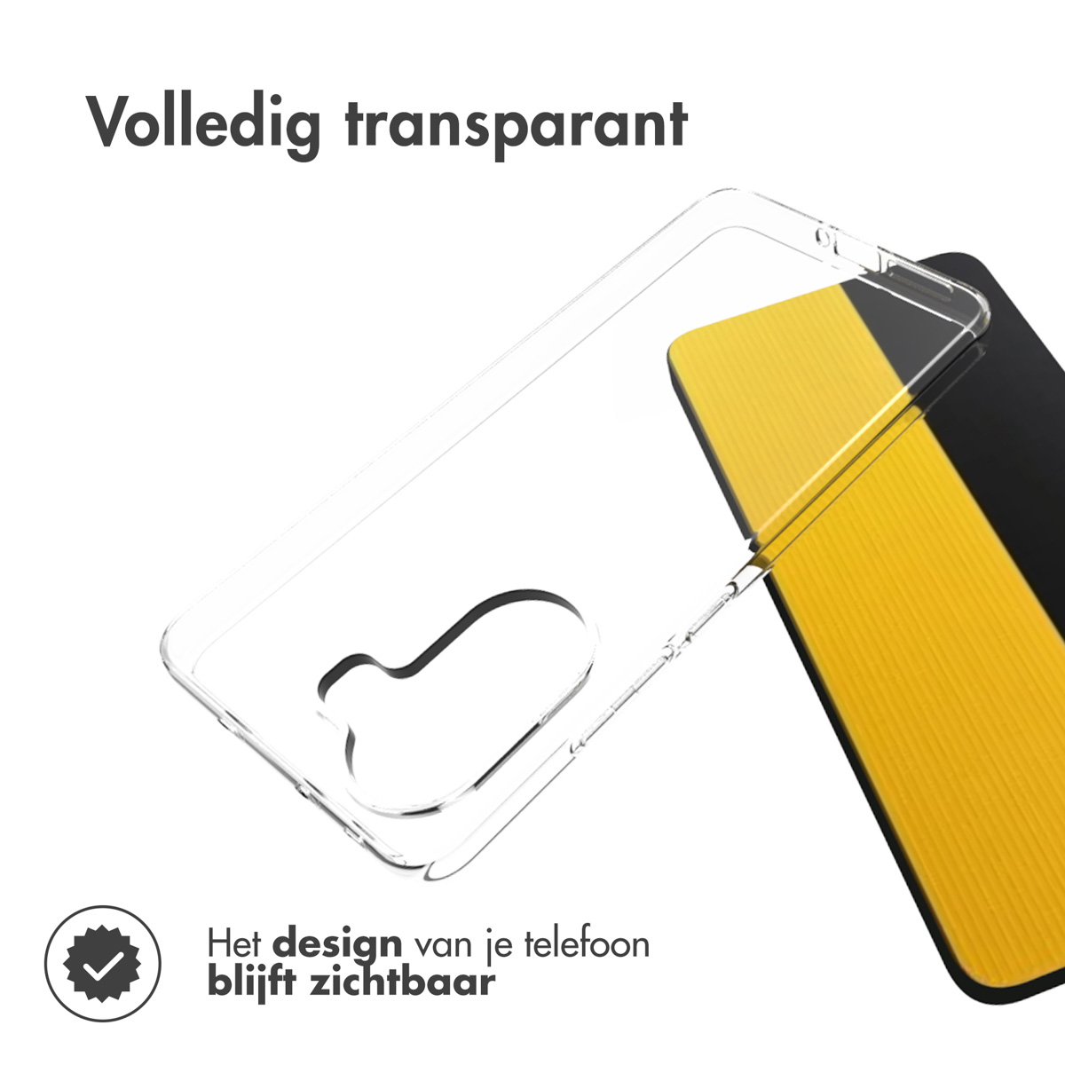 Une coque de téléphone transparente est placée sur un fond jaune et noir. Le texte indique: Entièrement transparent, Le design de votre téléphone reste visible.