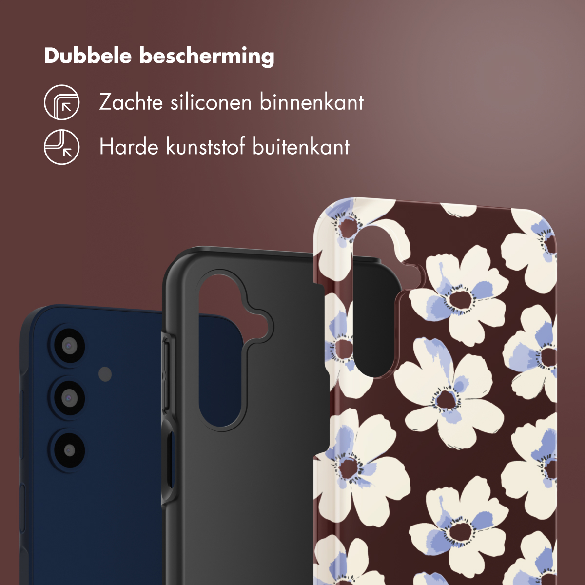 Custodie per telefono con design floreali, neri e blu. Testo: 'Doppia protezione' e 'Silicone morbido all'interno, plastica dura all'esterno'.