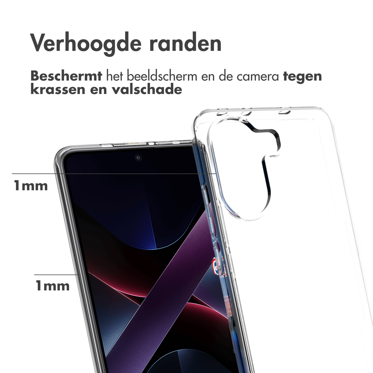 Une coque de téléphone transparente sur un smartphone. Le texte indique que les bords surélevés protègent l'écran et la caméra.