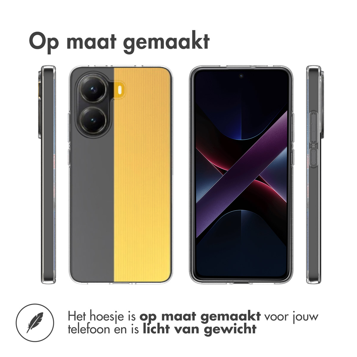 Une coque de téléphone avec un design jaune et gris, montrée sous plusieurs angles, y compris l'écran et les vues latérales.