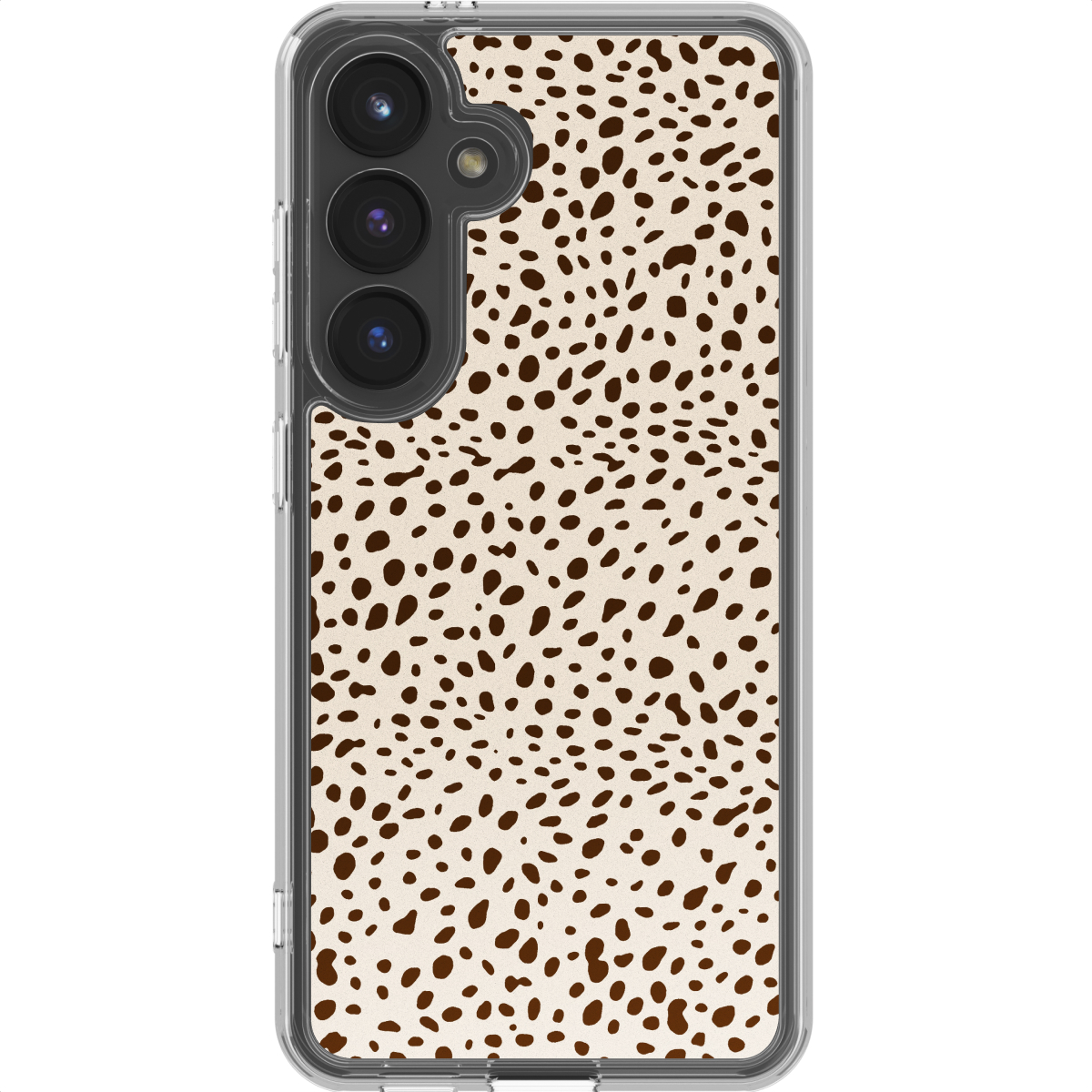 Una custodia per smartphone con un motivo a pois marrone su sfondo crema. La custodia ha un bordo trasparente e ritagli per la fotocamera.