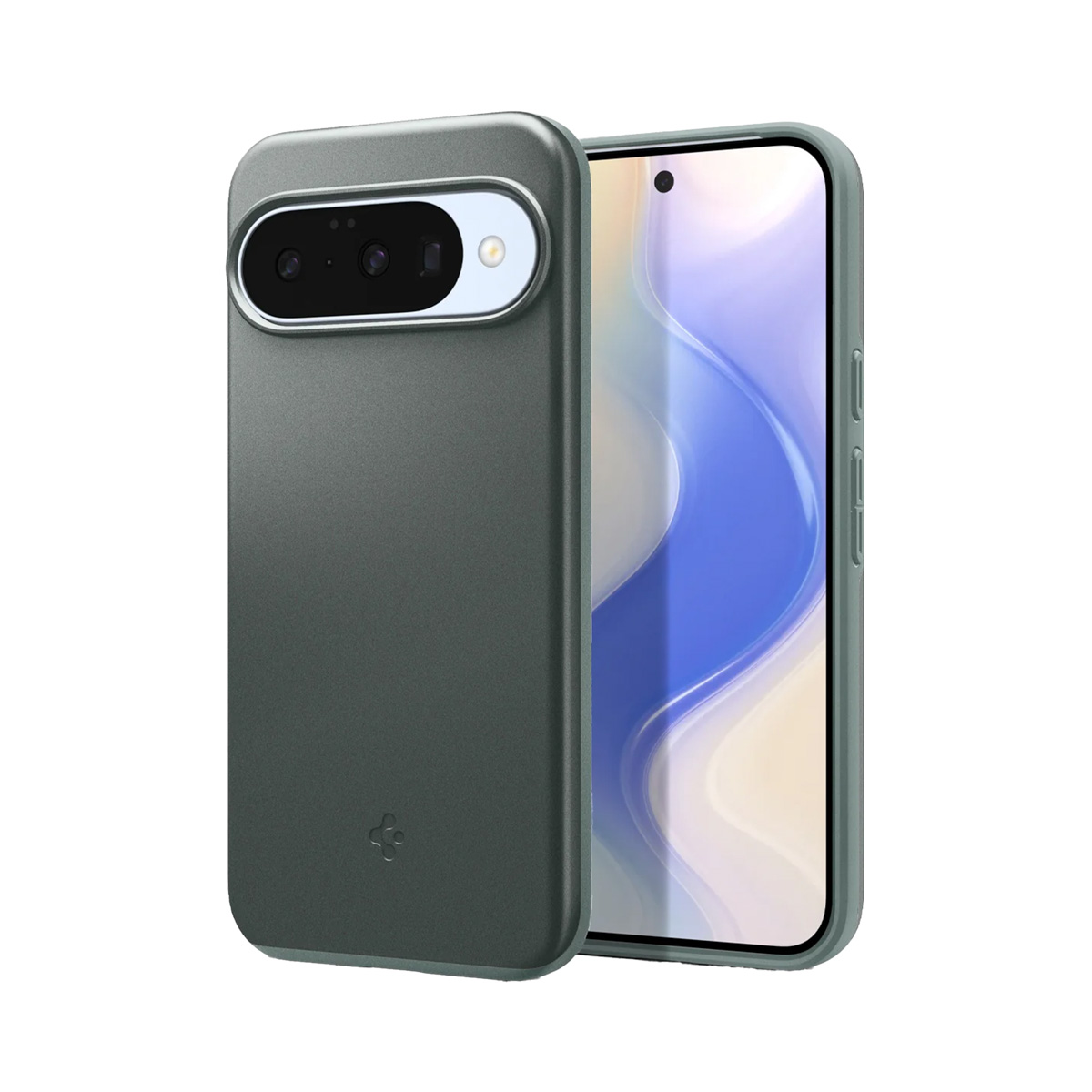 Une coque de téléphone verte et un téléphone avec un écran affichant un motif bleu et blanc. La coque a des découpes pour l'appareil photo et des boutons.