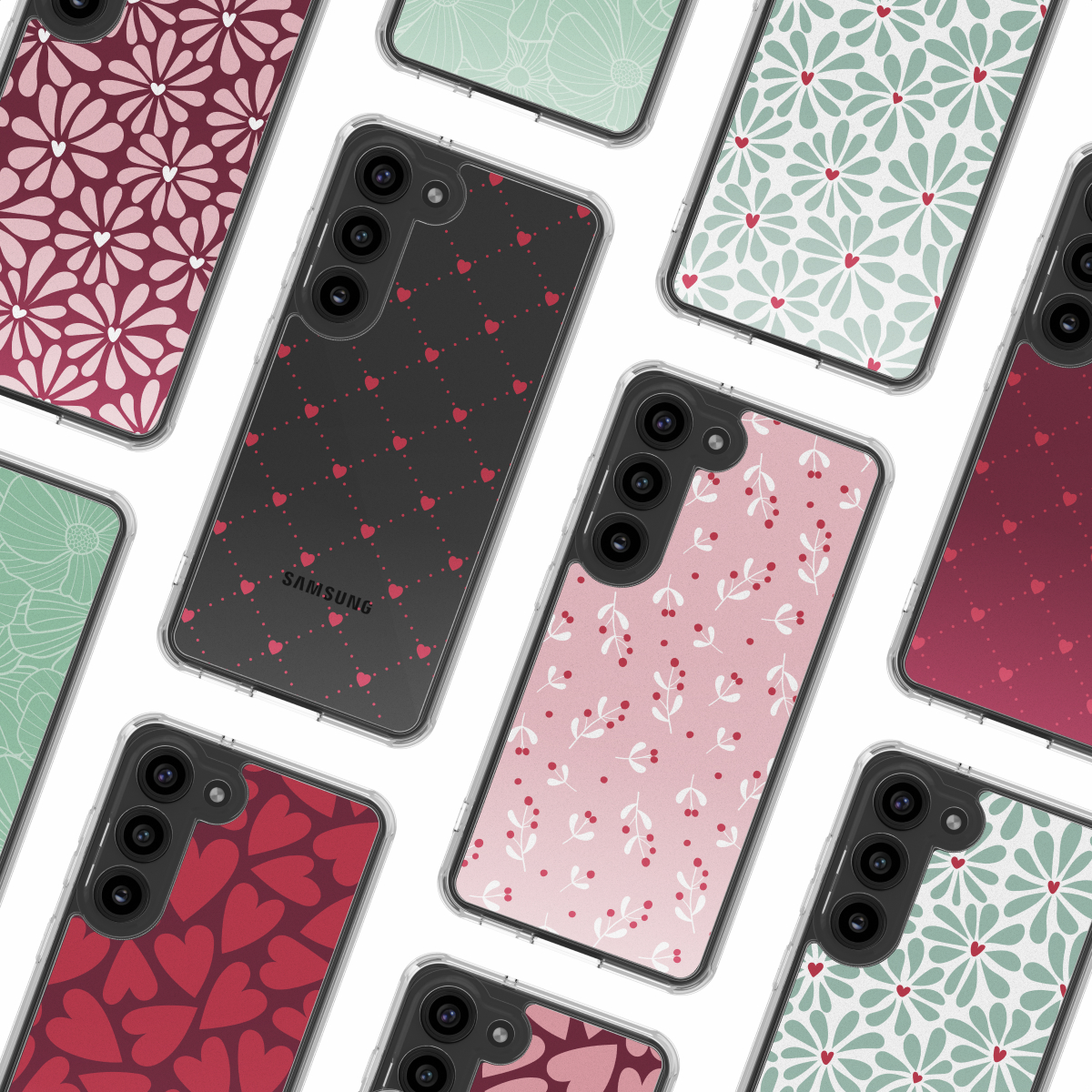 Une collection de téléphones Samsung dans des étuis transparents. Les motifs comprennent des fleurs, des cœurs et des baies sur divers fonds colorés.
