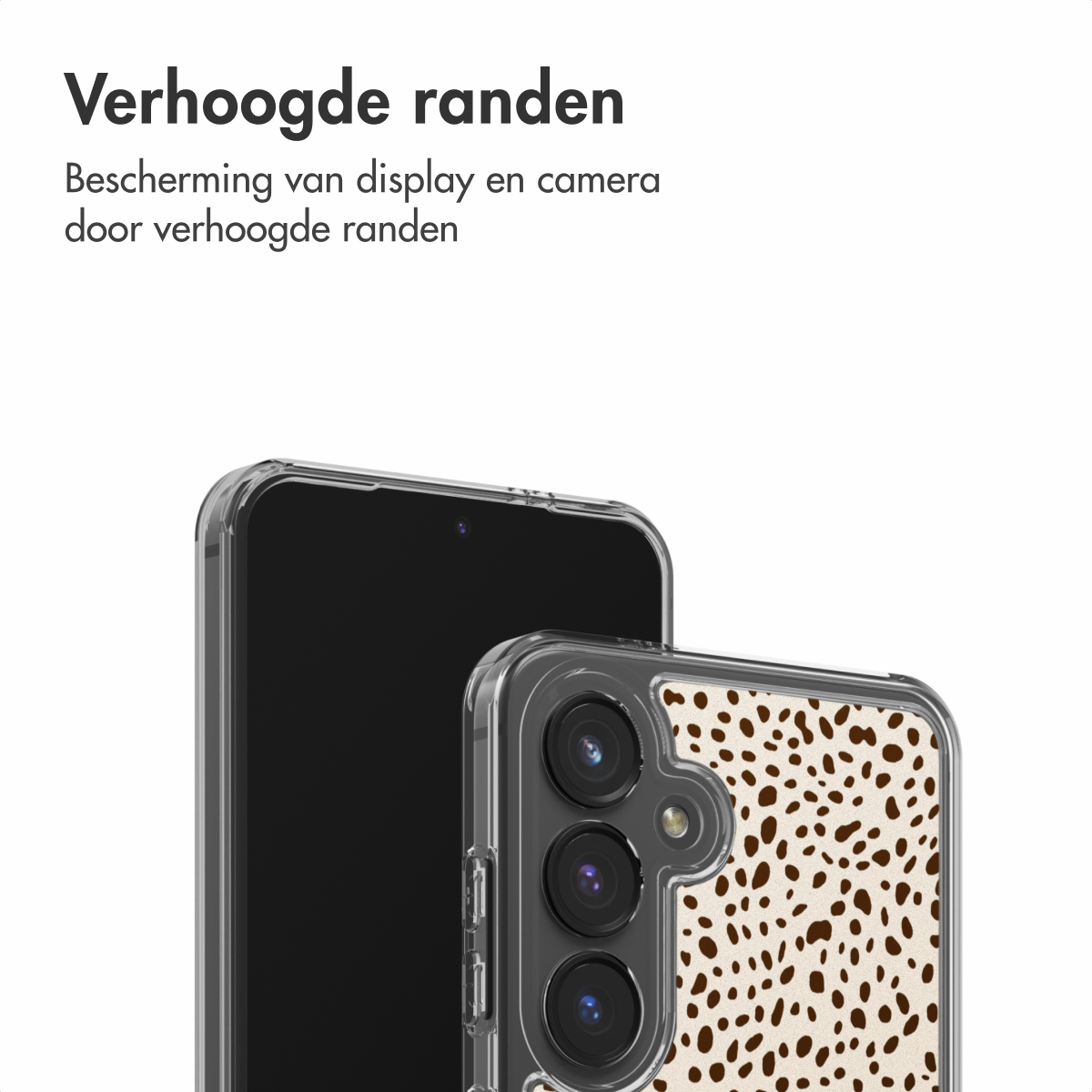 Uno smartphone con custodia trasparente e custodia con macchie marroni su sfondo bianco.