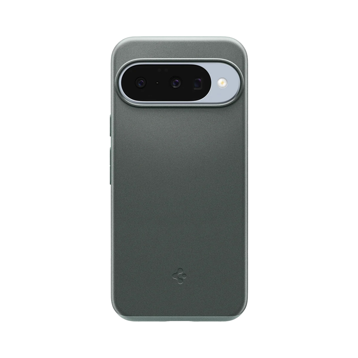 Une coque de téléphone gris foncé avec trois objectifs d'appareil photo et un flash. La coque a un design arrondi et un logo Spigen.