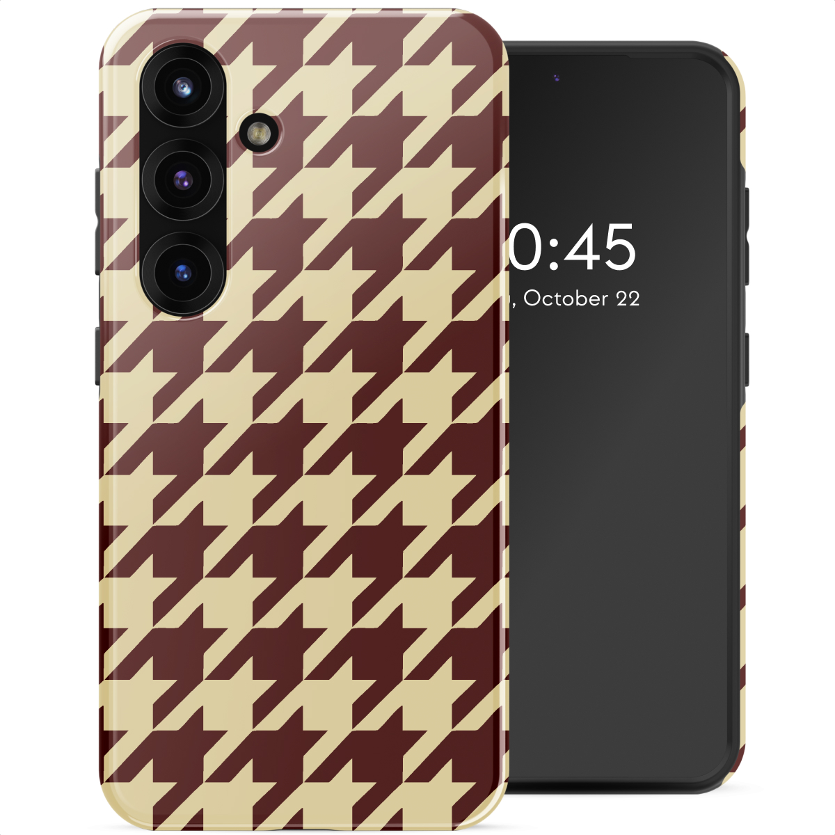 Een smartphone met een pied-de-poule patroon hoesje in bruin en beige. Het scherm geeft de tijd en datum weer. De telefoon staat op een witte achtergrond.