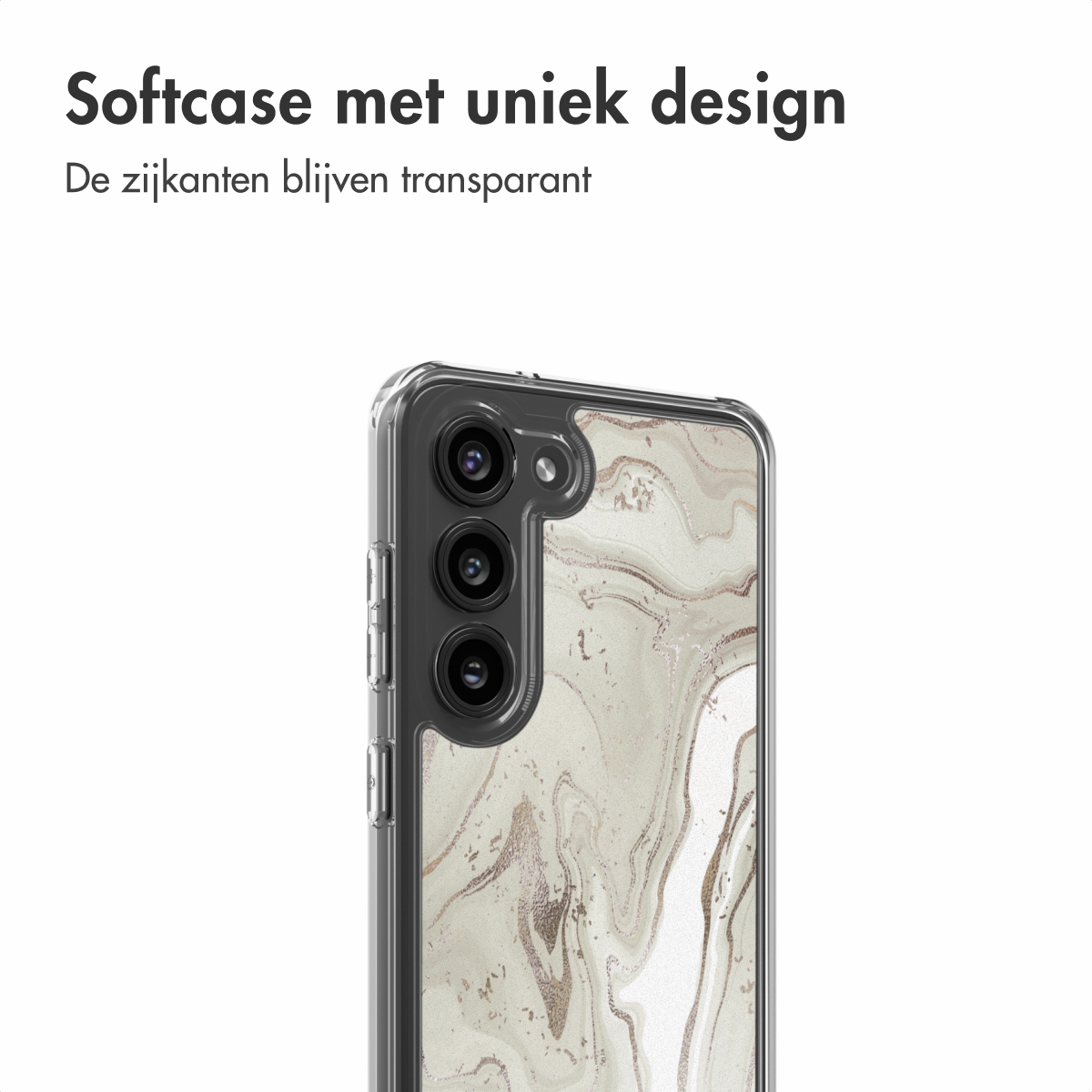 Una custodia per telefono dal design unico. I lati sono trasparenti e il retro presenta un motivo marmorizzato.
