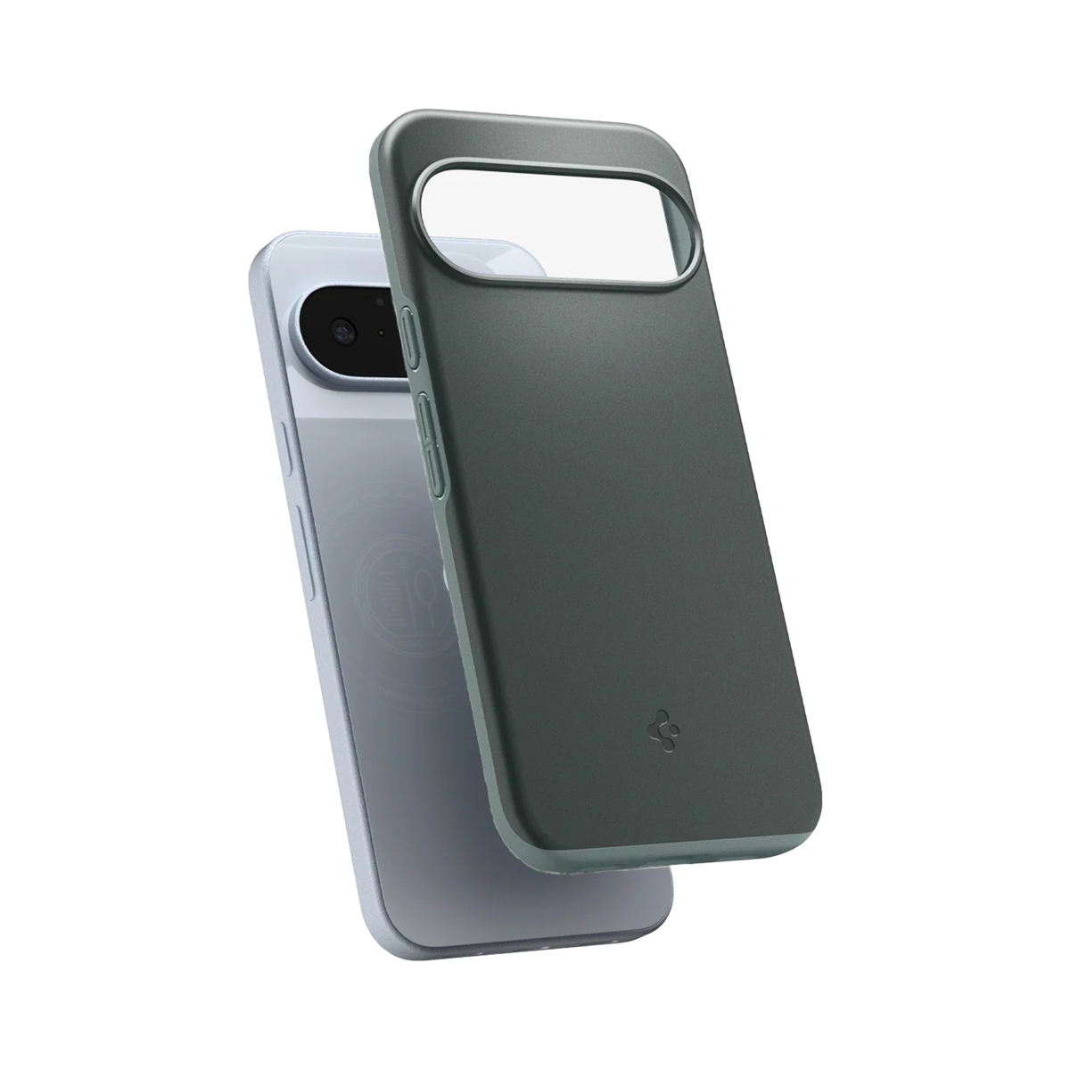 Une coque de téléphone vert foncé est appuyée sur un téléphone violet clair. La coque a une ouverture pour l'appareil photo et les boutons de volume.
