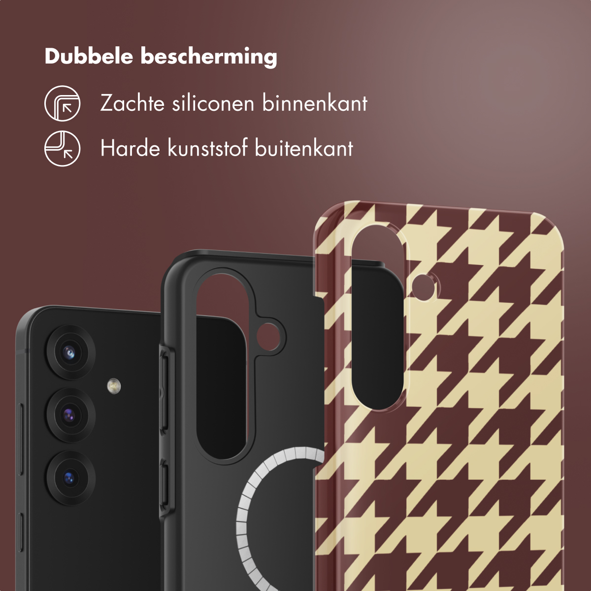 Drie telefoonhoesjes op een rij. De eerste is zwart, de tweede zwart met een witte cirkel en de derde heeft een patroon.