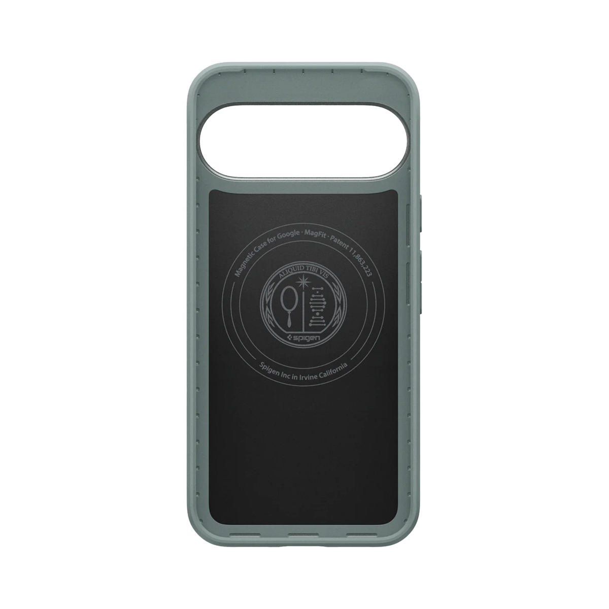 Une coque de téléphone gris-vert avec une grande découpe pour l'appareil photo. L'arrière est noir avec un logo blanc et du texte.