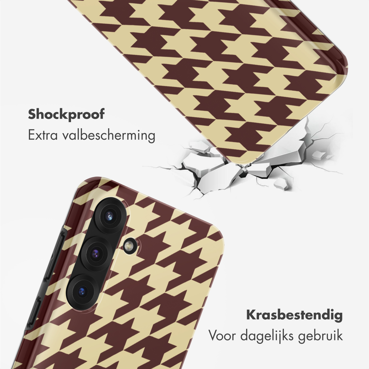 Telefoonhoesje met hondenpoottpatroon. Twee hoesjes worden getoond, één valt, waardoor de grond breekt. Tekst: 'Schokbestendig', 'Krasbestendig'.
