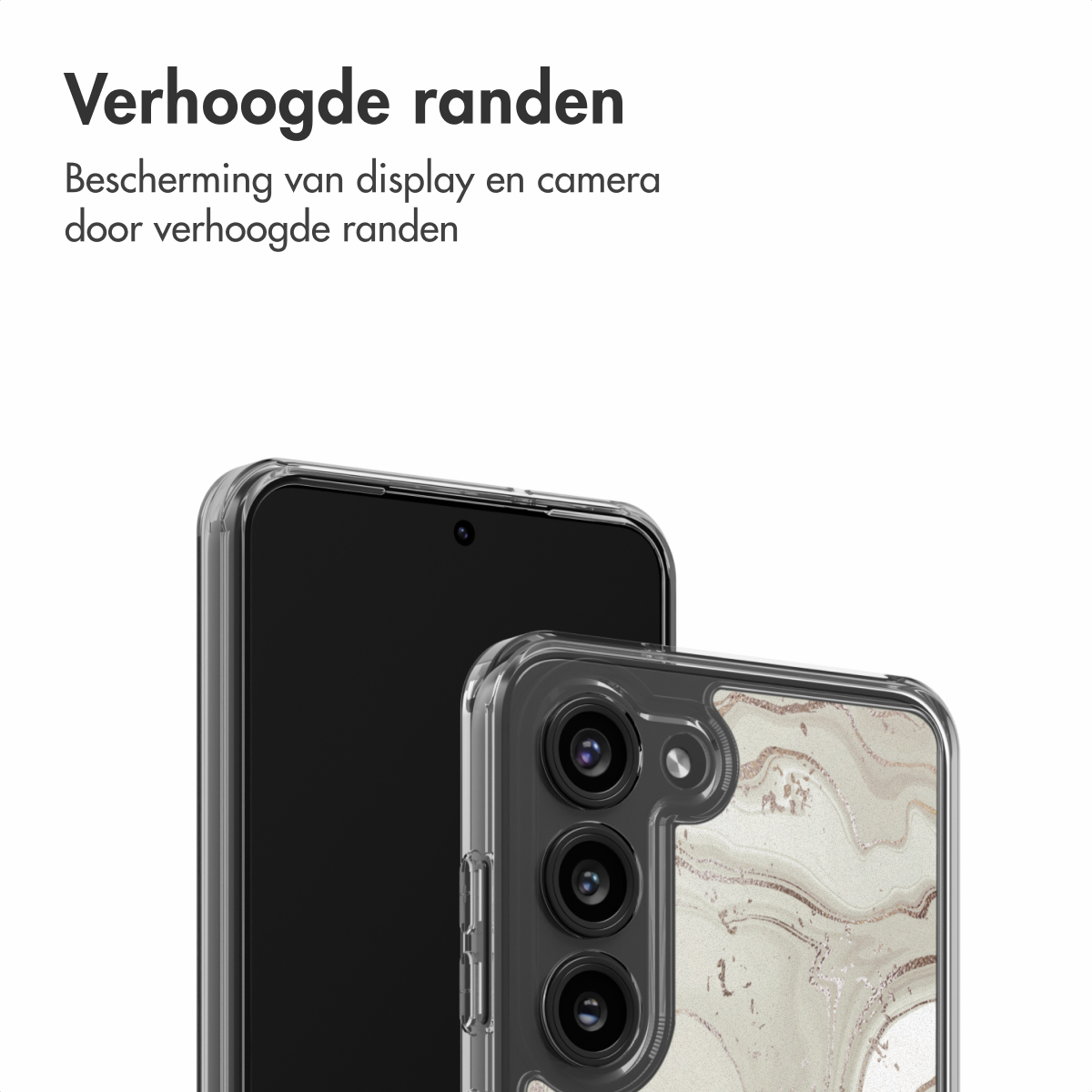 Due smartphone con custodie protettive. Una custodia è trasparente, l'altra ha un design marmorizzato. Il testo indica bordi rialzati per la protezione.