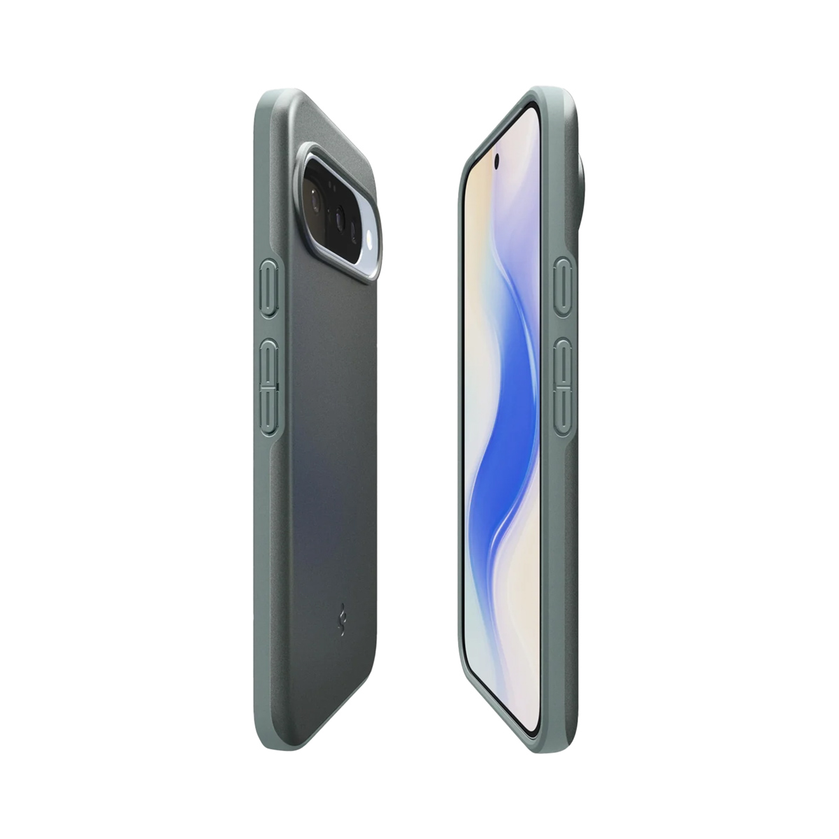 Deux coques de téléphone grises sont présentées. L'une est de profil, l'autre montre l'écran avec un design bleu et blanc. Les deux sont sur fond blanc.