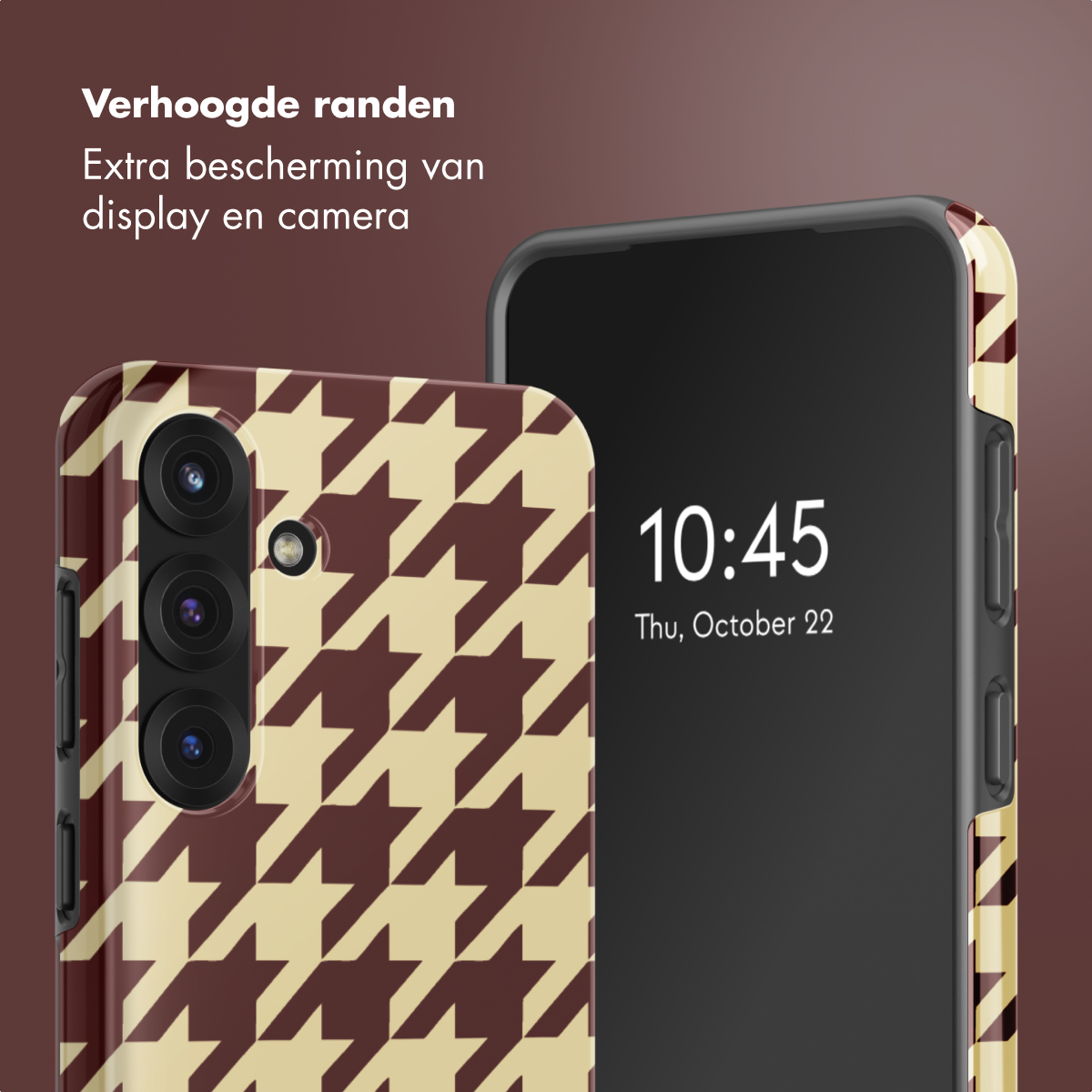 Twee smartphones. Eén toont een telefoonhoesje met een hondenpoottjespatroon. De andere toont de tijd: 10:45, 22 oktober.