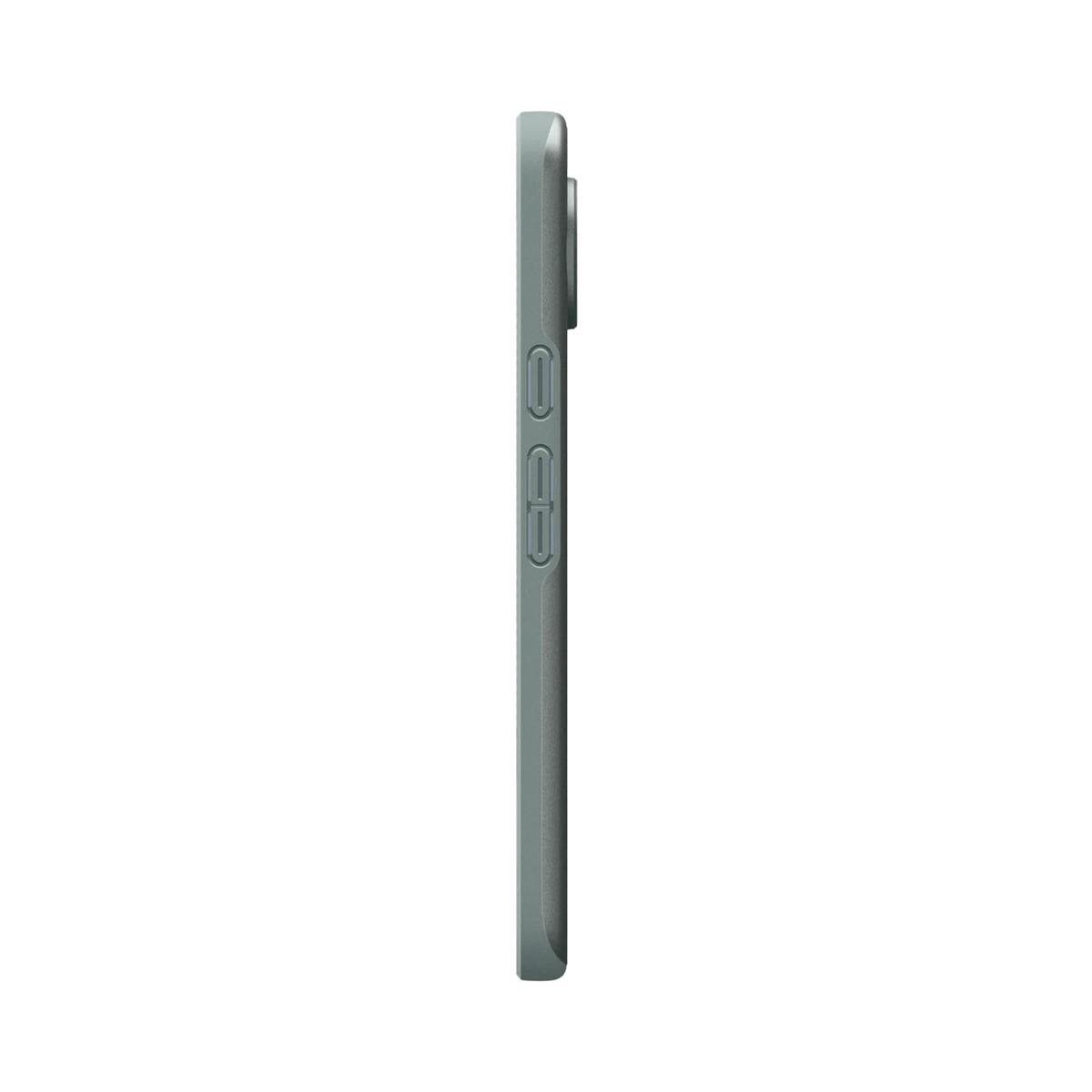 Vue latérale d'une coque de téléphone vert clair. Elle possède des boutons sur le côté et une découpe pour l'appareil photo. Le fond est blanc.