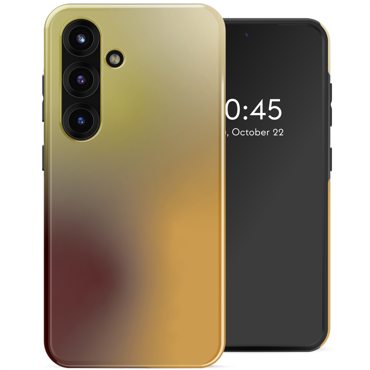 Een smartphone met een kleurrijke hoes wordt weergegeven. Het scherm toont tijd en datum. De hoes heeft een kleurengradient: geel, oranje en rood.