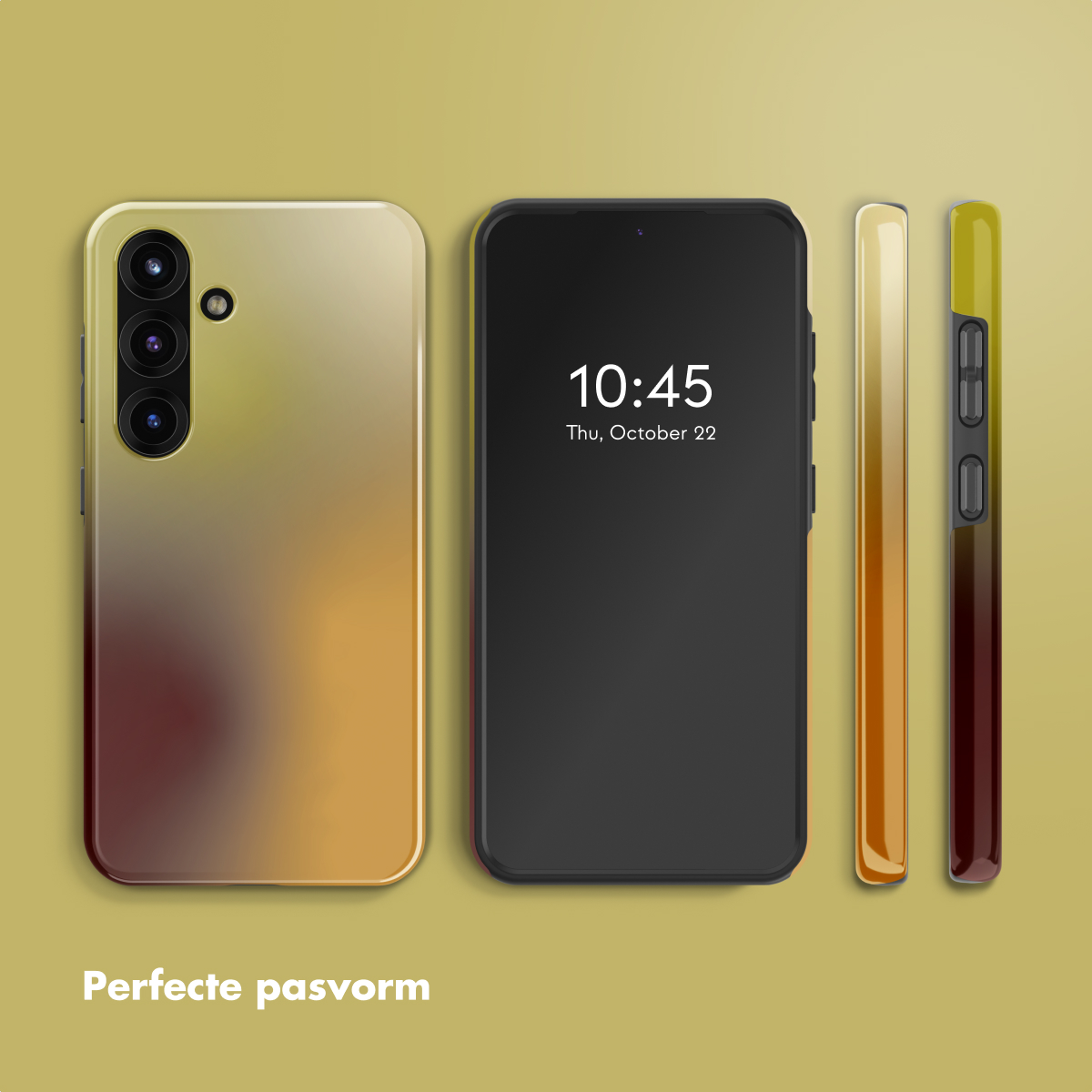 Een smartphone met een gradient hoesje, een zwart scherm met tijd en twee telefoonhoesjes op een gele achtergrond.