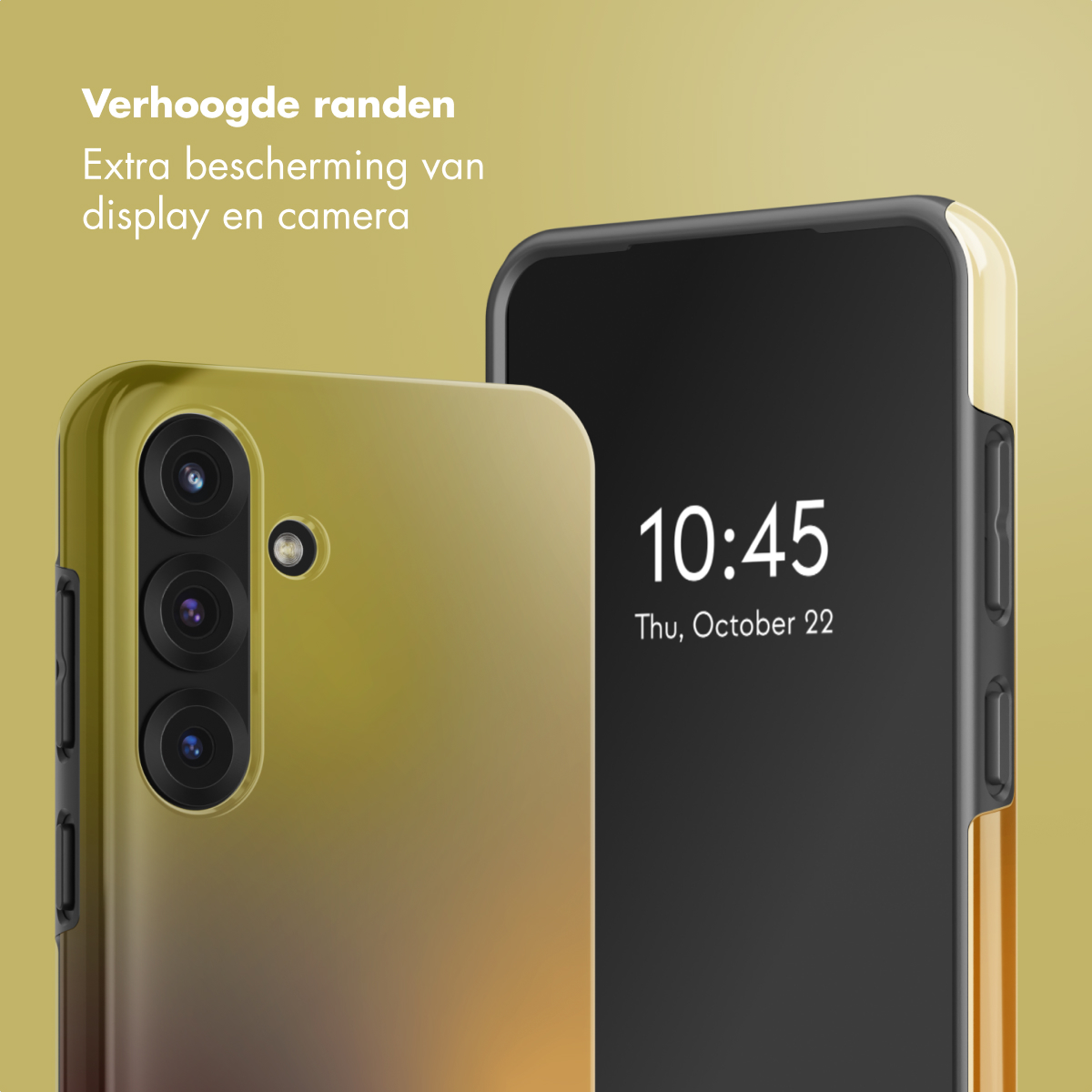 Twee smartphones. Eén toont 10:45. De andere toont de cameralens en een beschermhoes. De achtergrond is geel.