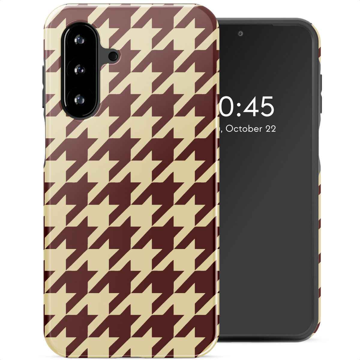 Een smartphone met een pied-de-poule patroon hoesje. Het scherm toont de tijd: 10:45, 22 oktober. De telefoon is zwart.
