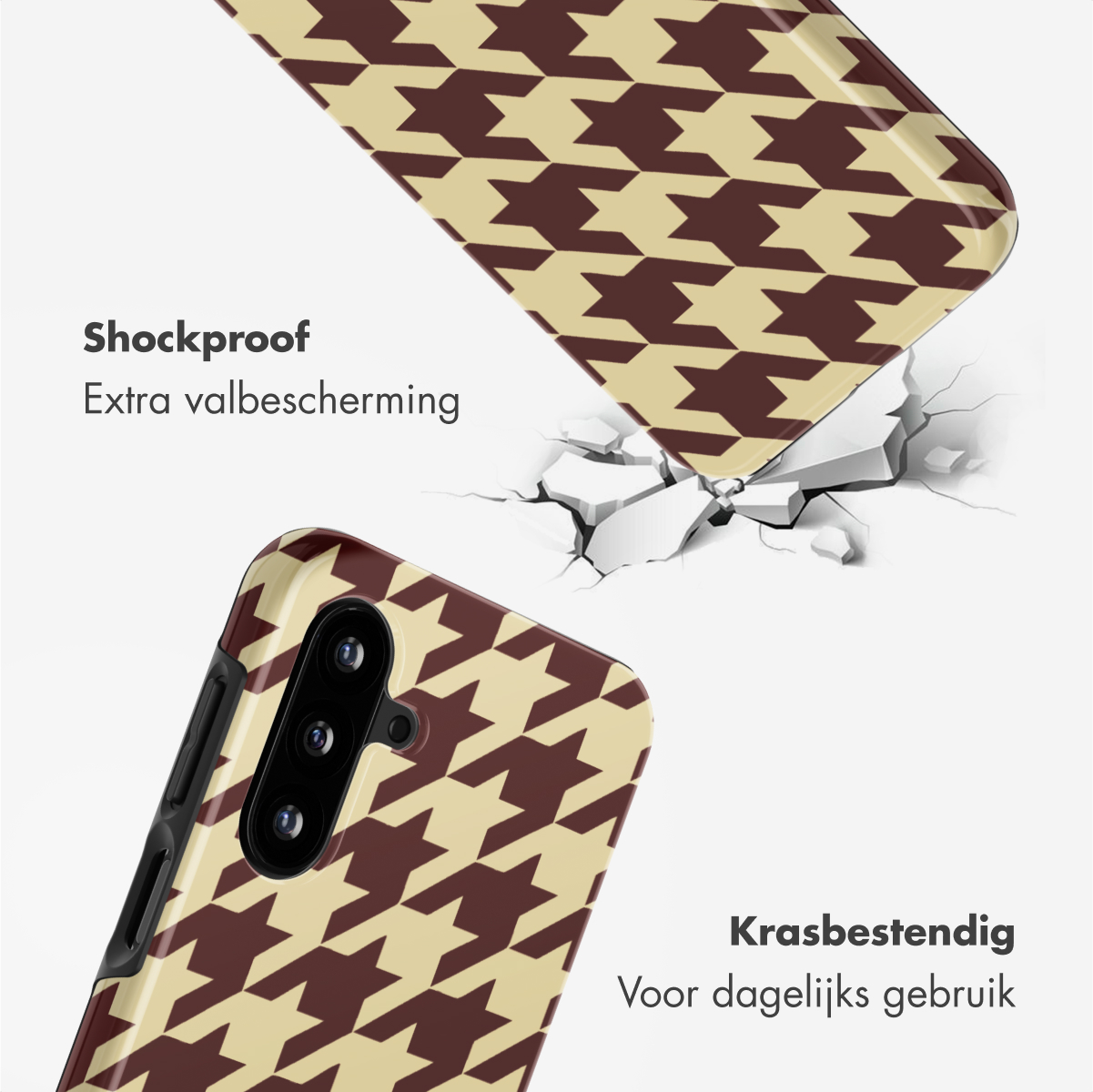 Een telefoonhoesje met een hondenpoottjespatroon wordt getoond. Het valt en breekt een oppervlak. De tekst luidt 'Schokbestendig' en 'Krasbestendig'.