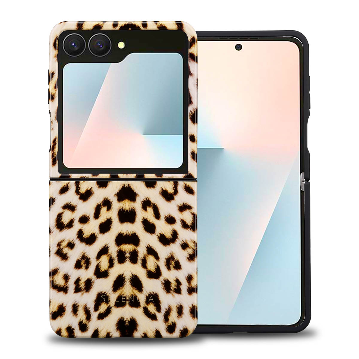 Coque de smartphone avec imprimé léopard, ouverte pour révéler l'écran. Le téléphone est noir.