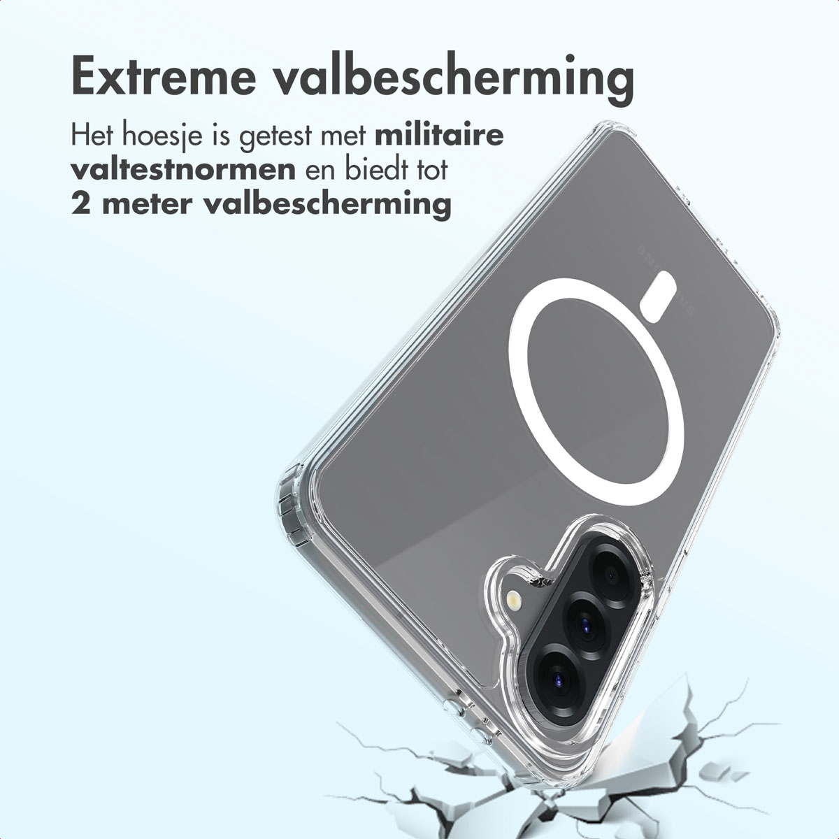 Custodia trasparente per telefono con anello bianco, dimostra protezione caduta. Incrinature sotto mostrano resistenza.