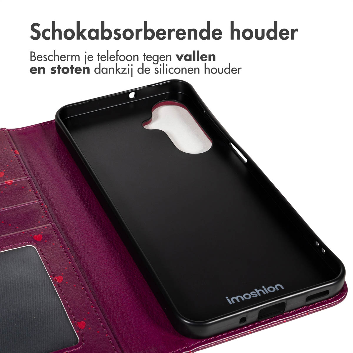 Zwarte telefoonhoes in een rode leren portemonnee. De tekst bovenaan luidt 'Schokabsorberende houder'.